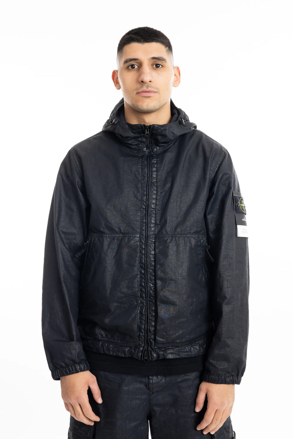 Stone Island, Mens Jacket, Black V0029, Hooded, Drawcord, Elasticated cuffs and hem, Full Zip, YKK Zippers, Compass Badge, Logo-patch, Side Pockets, Front View. 