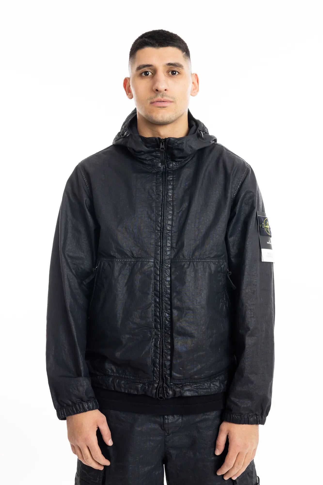 Stone Island, Mens Jacket, Black V0029, Hooded, Drawcord, Elasticated cuffs and hem, Full Zip, YKK Zippers, Compass Badge, Logo-patch, Side Pockets, Front View. 