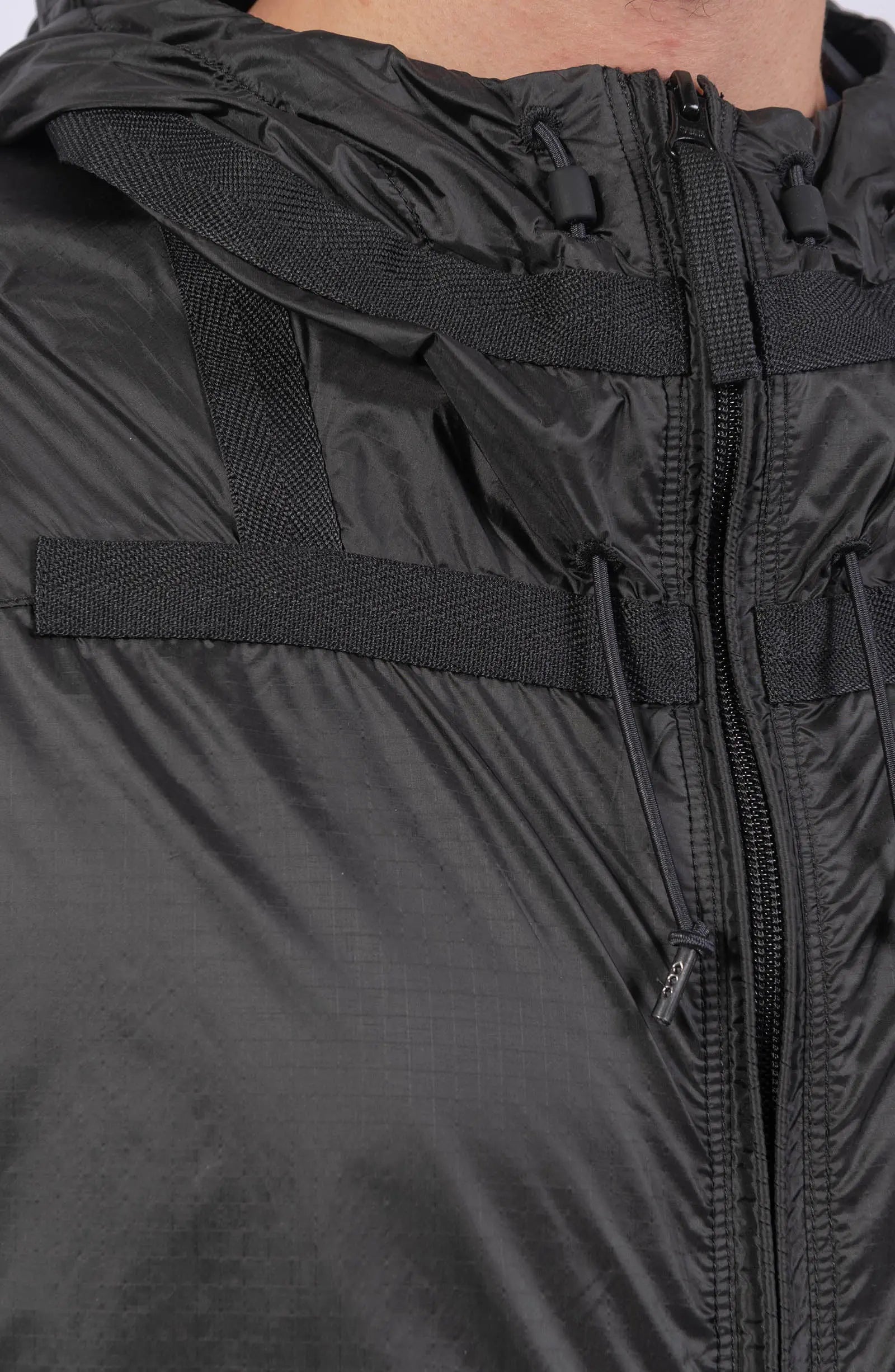 Stone Island, Mens Jacket, Windbreaker, Black V0029, Semi-Transparent, Elasticated Cuffs, Full Zip, YKK Zippers, Compass Badge, Logo-Patch, Side Pockets, Hooded, Zipper Close-up. 