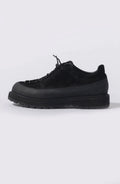 Stone Island, Mens Sneakers, Mens Shoes, Black V0029, Low Top, Leather, Compass Badge, Lace-up, Side View. 