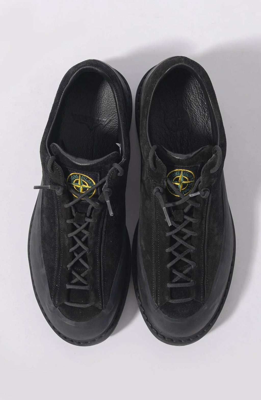 Stone Island, Mens Sneakers, Mens Shoes, Black V0029, Low Top, Leather, Compass Badge, Lace-up, Top-Down View. 