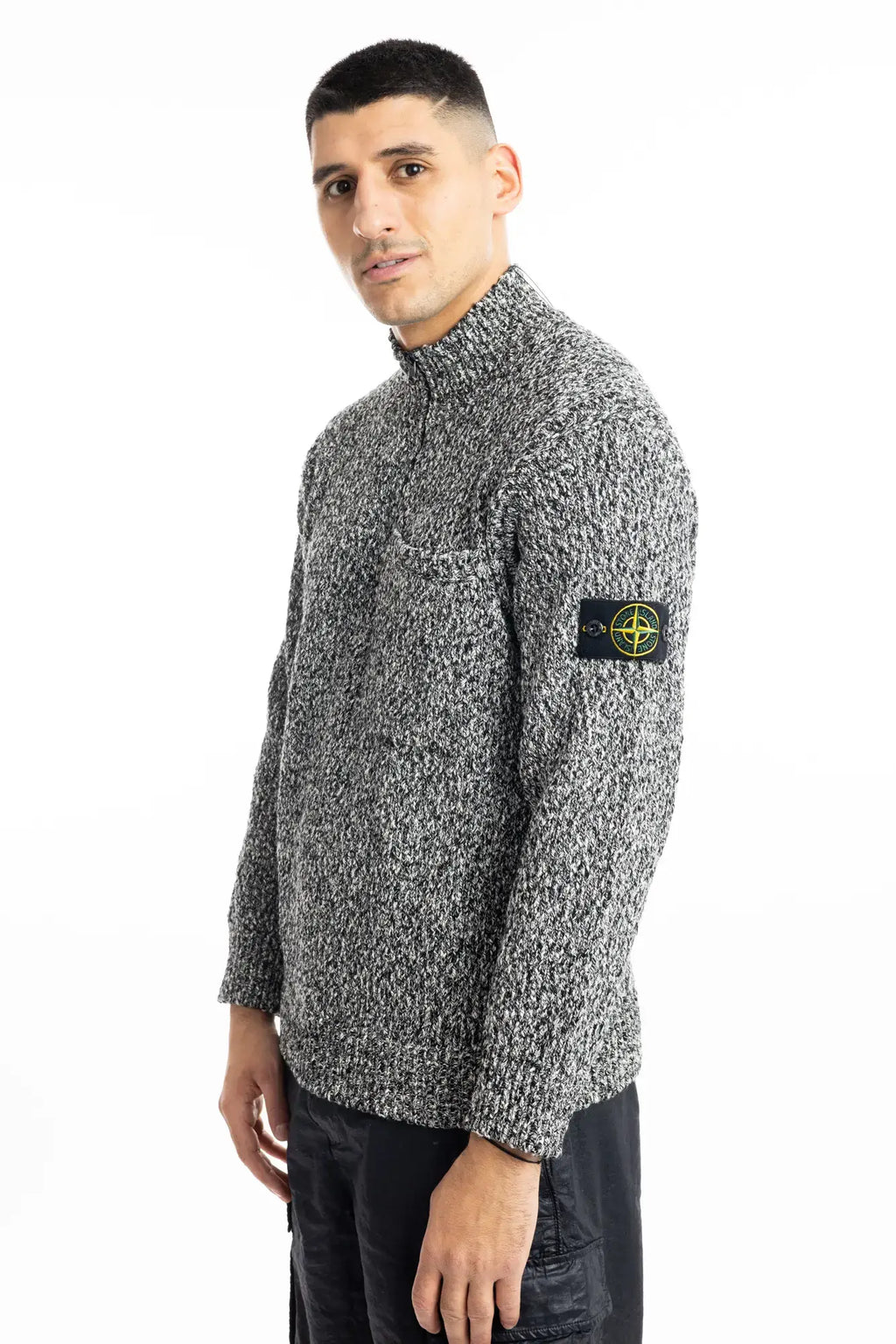 Stone Island, Mens Sweater, Black Melange V0M29, Half Zip, Compass Badge, Logo-patch, Mock Neck, Knitted, Knitwear, 3/4 Front View. 