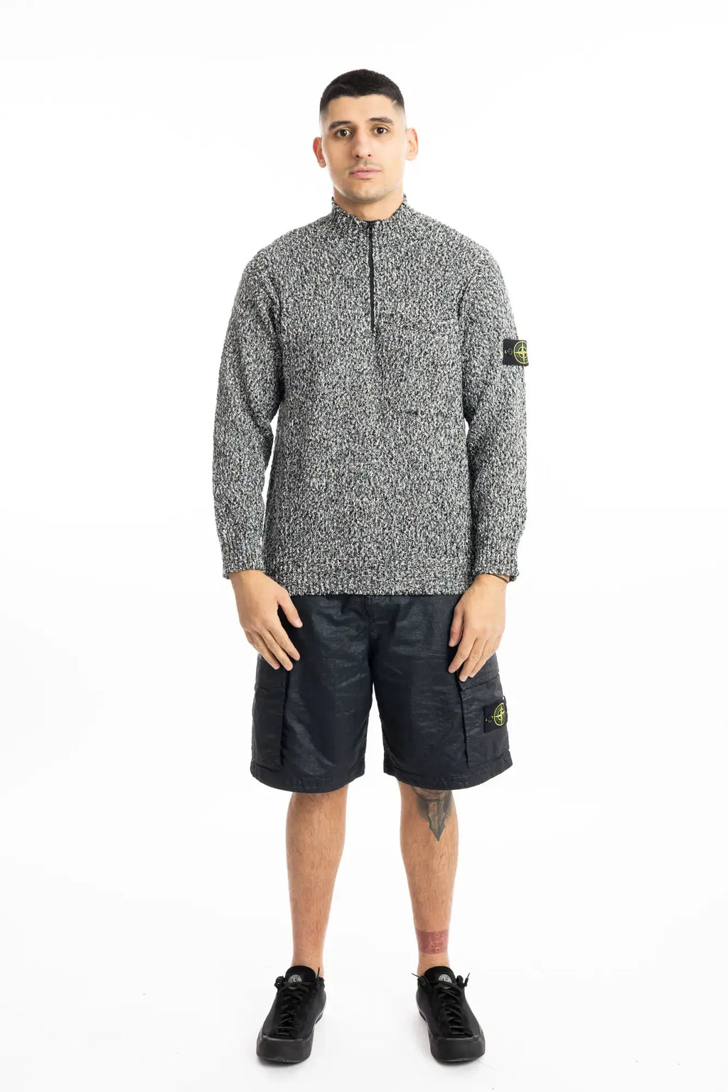 Stone Island, Mens Sweater, Black Melange V0M29, Half Zip, Compass Badge, Logo-patch, Mock Neck, Knitted, Knitwear, Full Body Photo. 