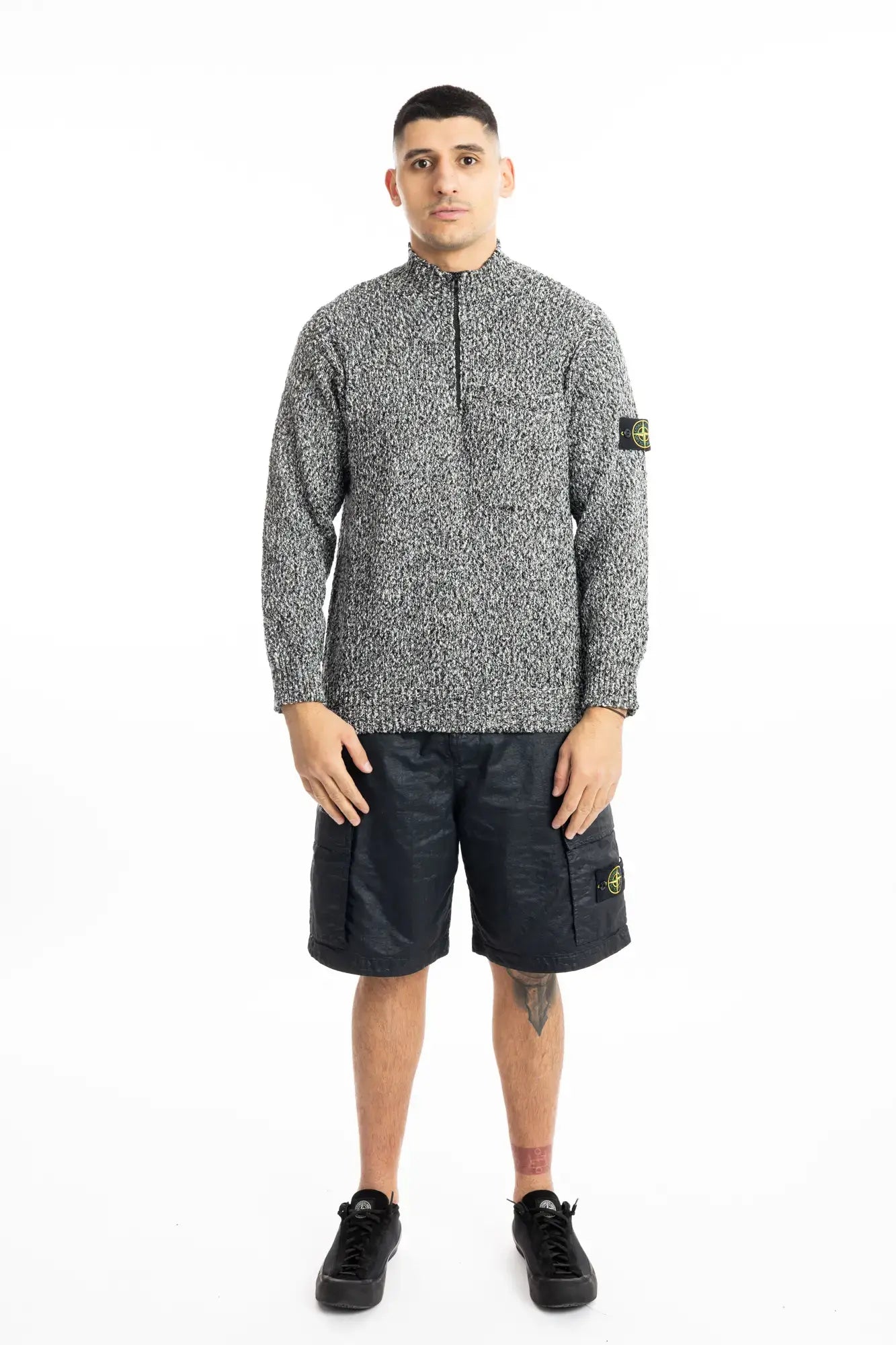 Stone Island, Mens Sweater, Black Melange V0M29, Half Zip, Compass Badge, Logo-patch, Mock Neck, Knitted, Knitwear, Full Body Photo. 