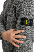 Stone Island, Mens Sweater, Black Melange V0M29, Half Zip, Compass Badge, Logo-patch, Mock Neck, Knitted, Knitwear, Badge Close-up. 