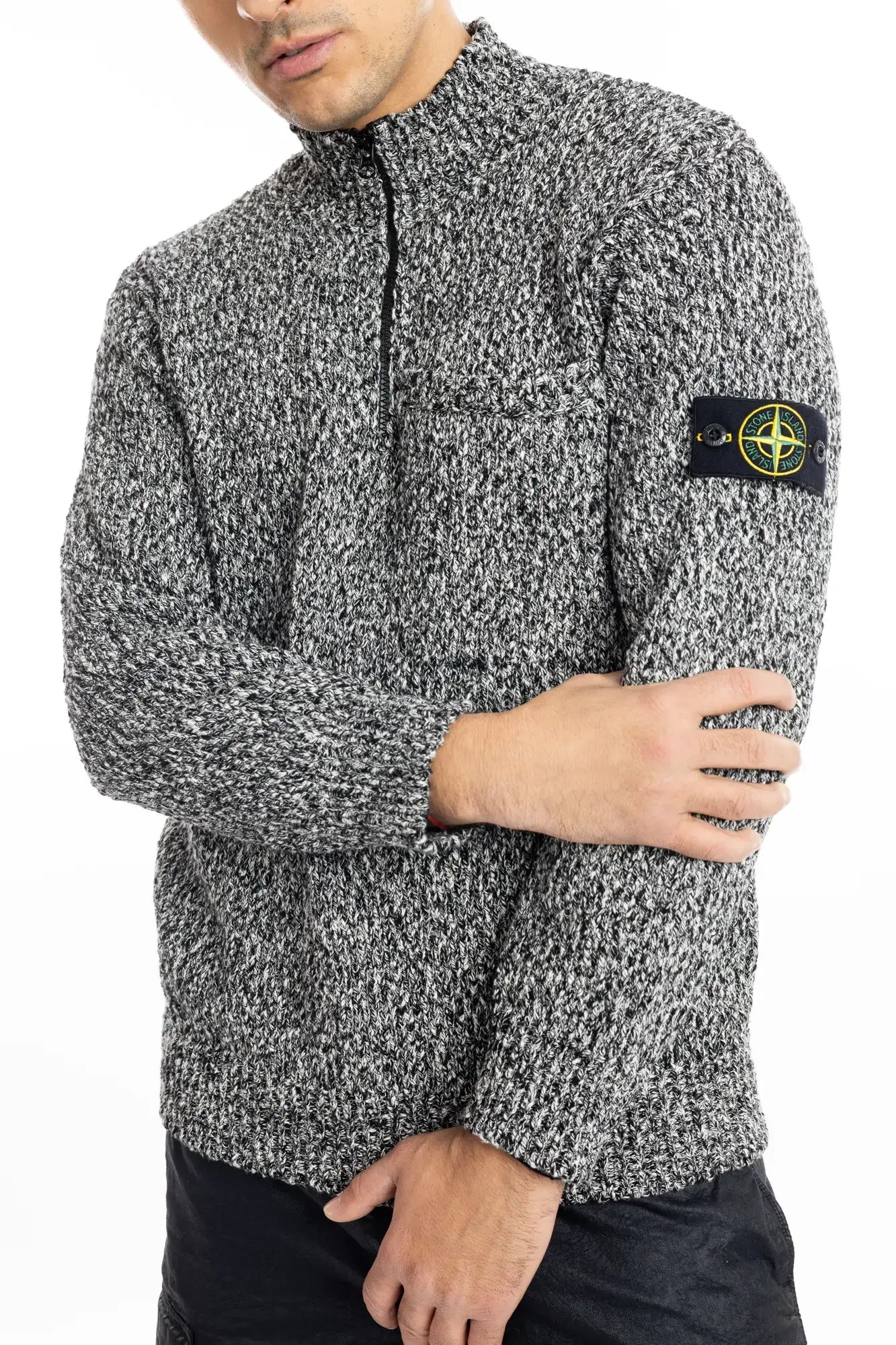 Stone Island, Mens Sweater, Black Melange V0M29, Half Zip, Compass Badge, Logo-patch, Mock Neck, Knitted, Knitwear, Hands Crossed. 