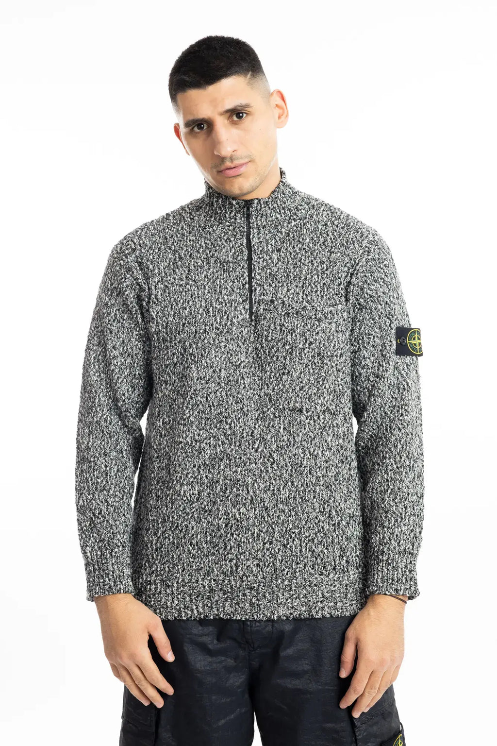 Stone Island, Mens Sweater, Black Melange V0M29, Half Zip, Compass Badge, Logo-patch, Mock Neck, Knitted, Knitwear, Front Portrait. 