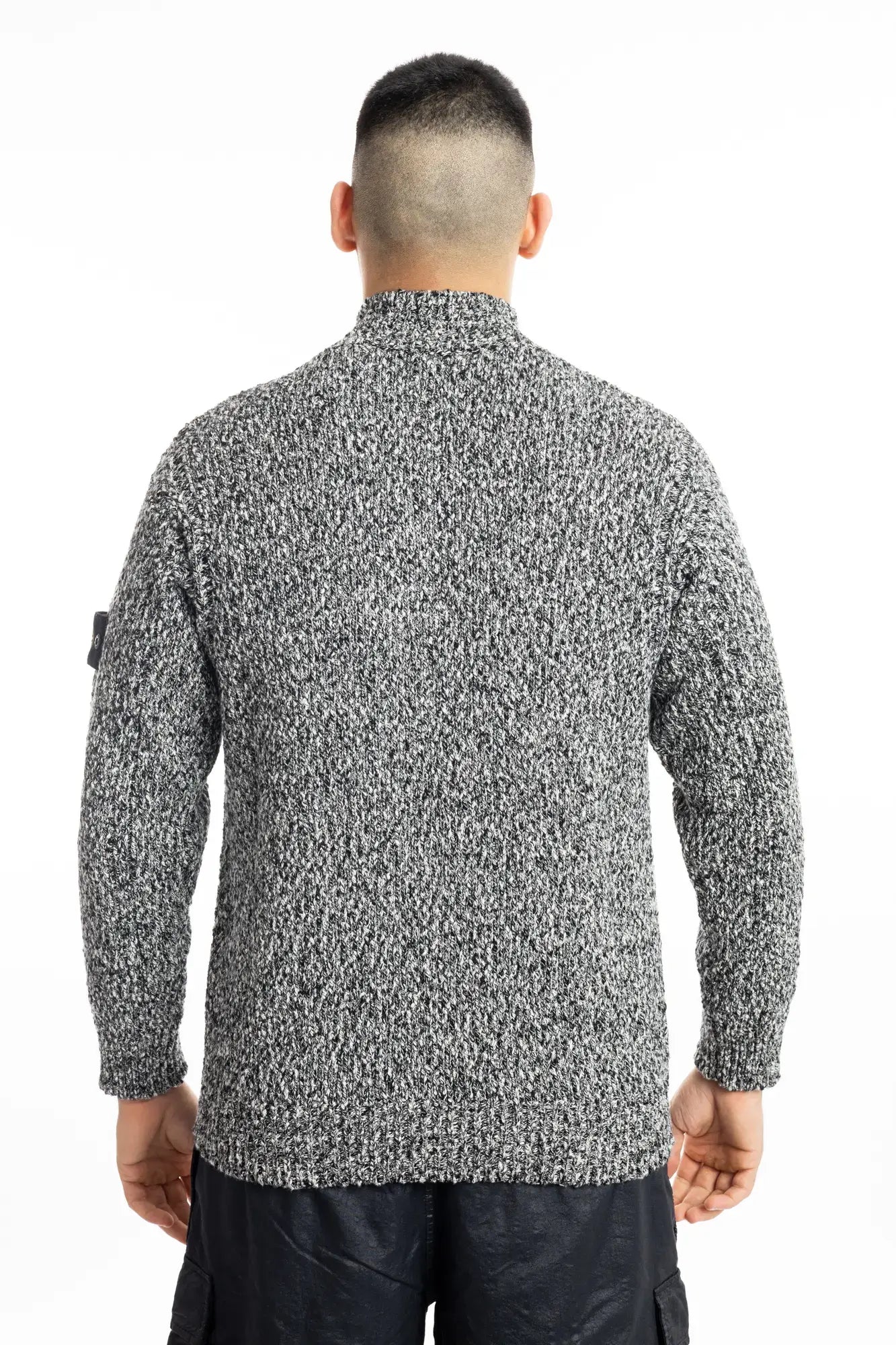 Stone Island, Mens Sweater, Black Melange V0M29, Half Zip, Compass Badge, Logo-patch, Mock Neck, Knitted, Knitwear, Back Photo. 