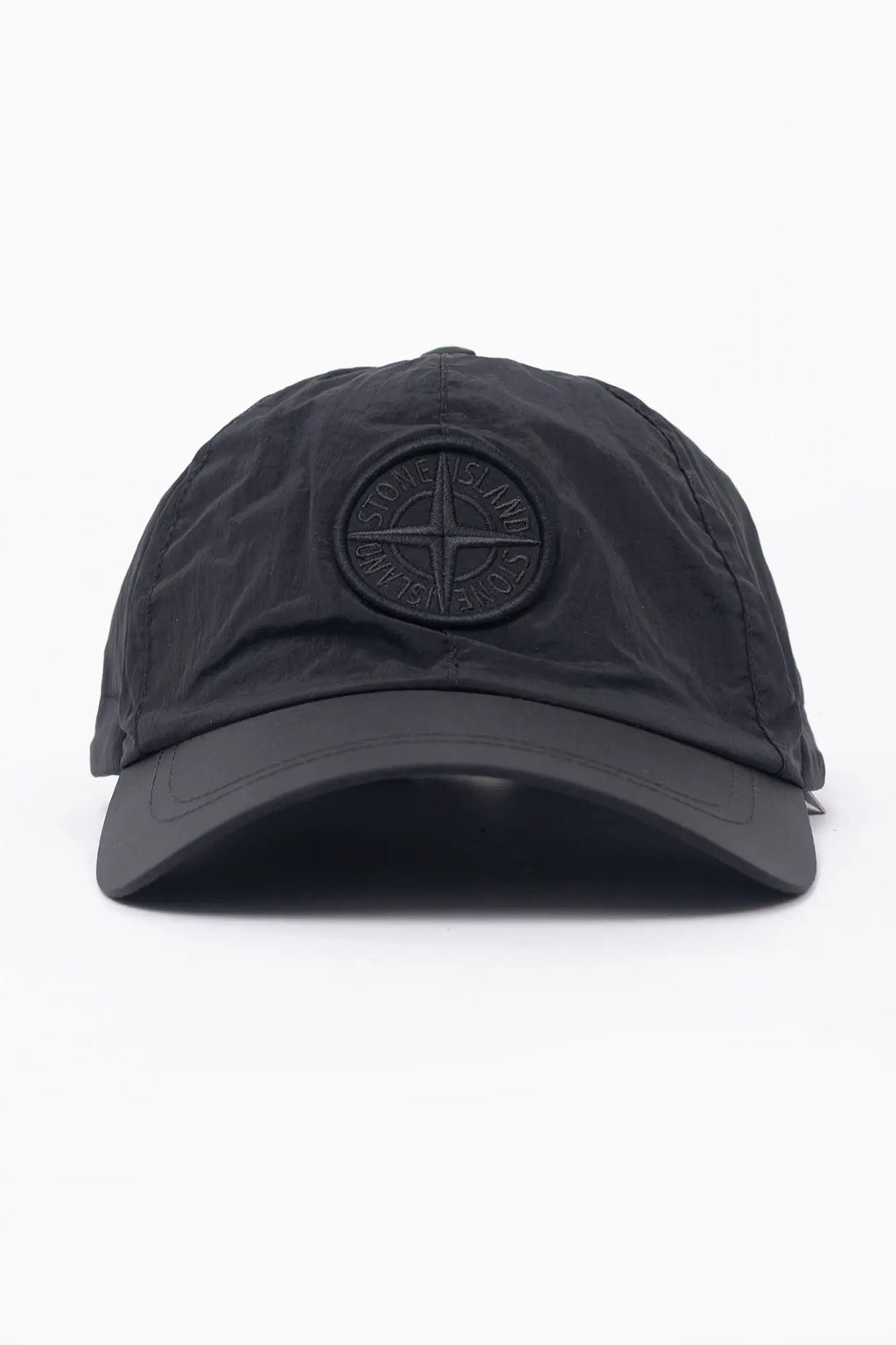 Stone Island, Mens Cap, Black V0029, Nylon Metal, Compass Embroidery, Adjustable Elasticated, Drawcord, Six Panel, Compass Logo, Front View. 