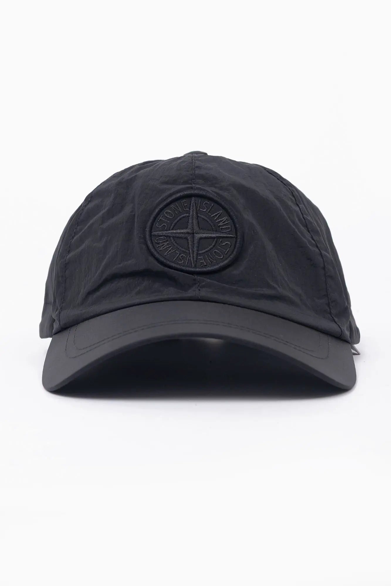 Stone Island, Mens Cap, Black V0029, Nylon Metal, Compass Embroidery, Adjustable Elasticated, Drawcord, Six Panel, Compass Logo, Front View. 
