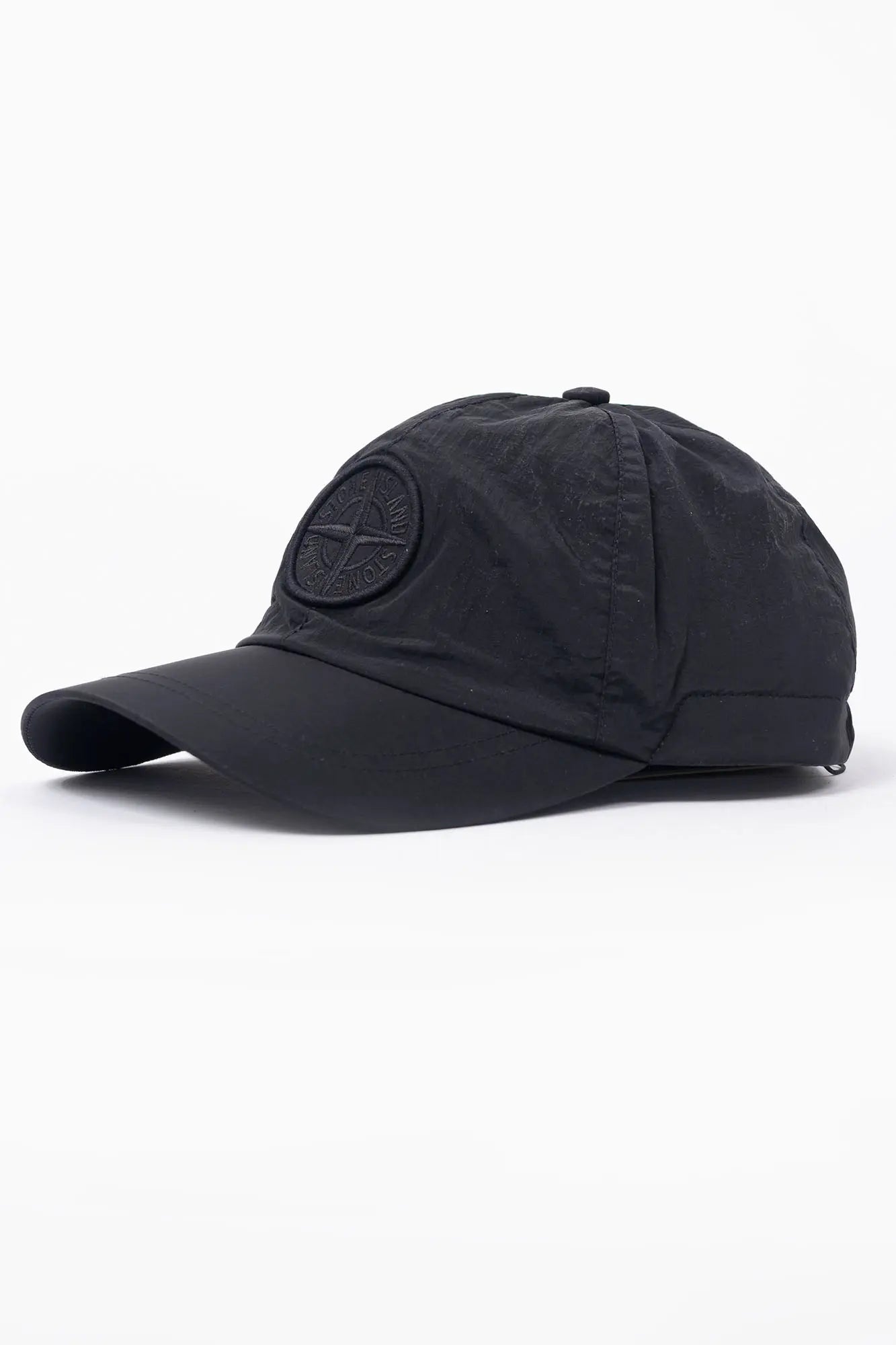 Stone Island, Mens Cap, Black V0029, Nylon Metal, Compass Embroidery, Adjustable Elasticated, Drawcord, Six Panel, Compass Logo, 3/4 Front View. 