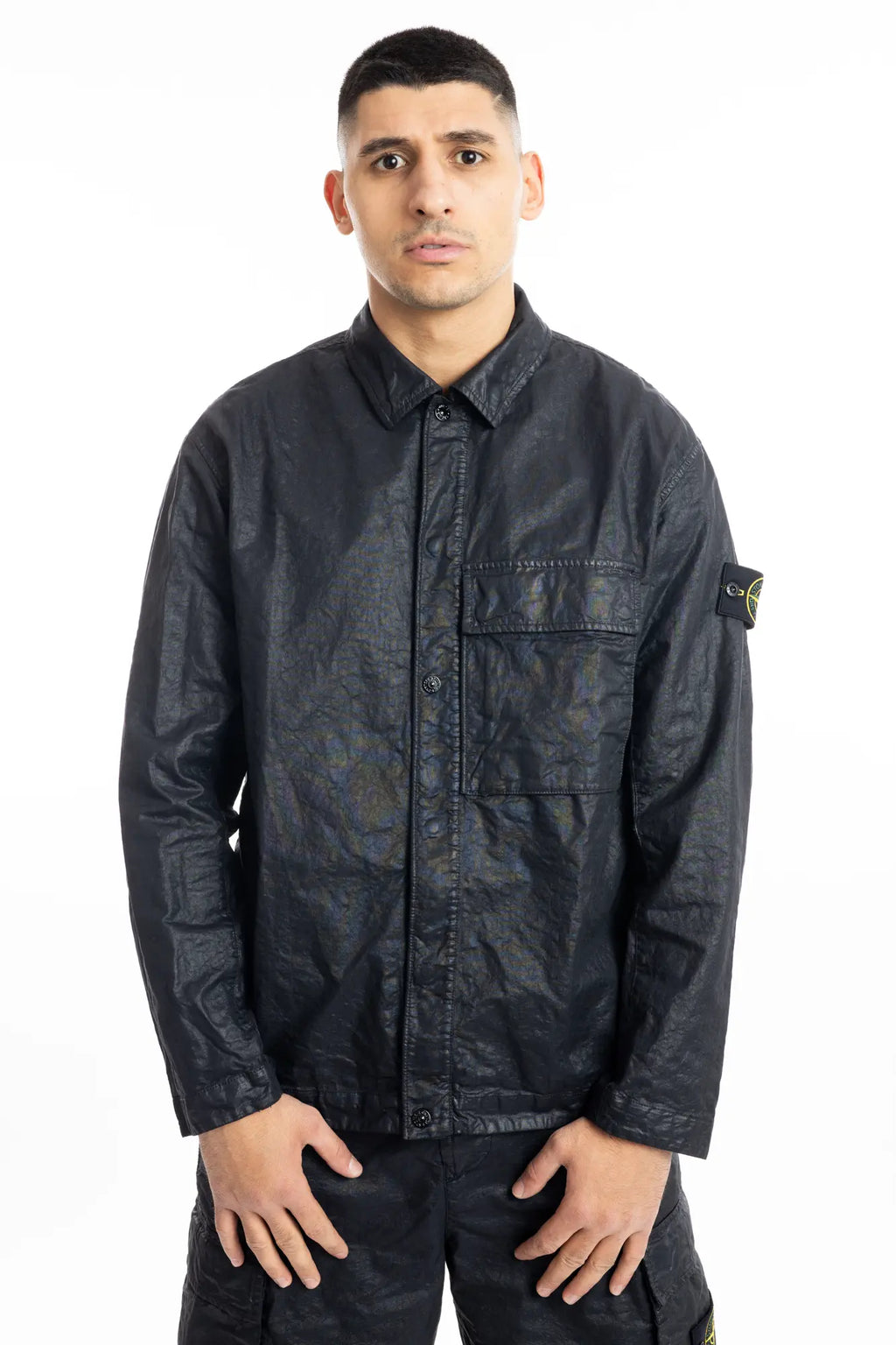 Stone Island, Mens Jacket, Black V0029, Compass Badge, Bellows Pocket, Logo-patch, Stone Island Snaps, Collar, Flap Pocket, Front Portrait. 