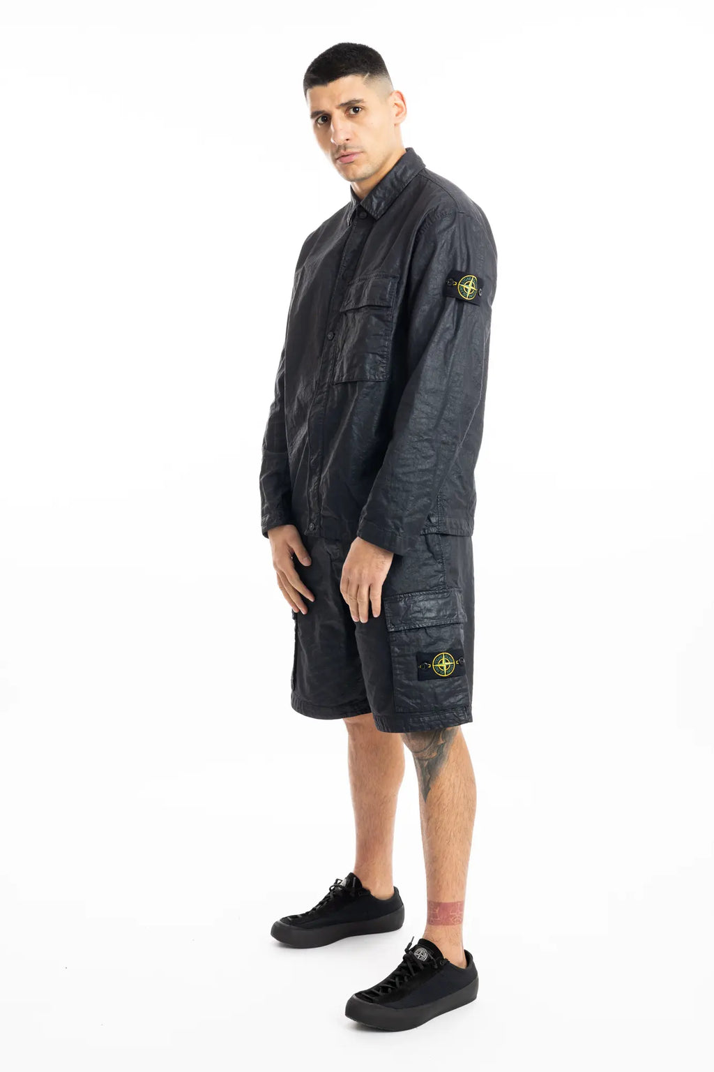 Stone Island, Mens Jacket, Black V0029, Compass Badge, Bellows Pocket, Logo-patch, Stone Island Snaps, Collar, Flap Pocket, 3/4 Full Body. 