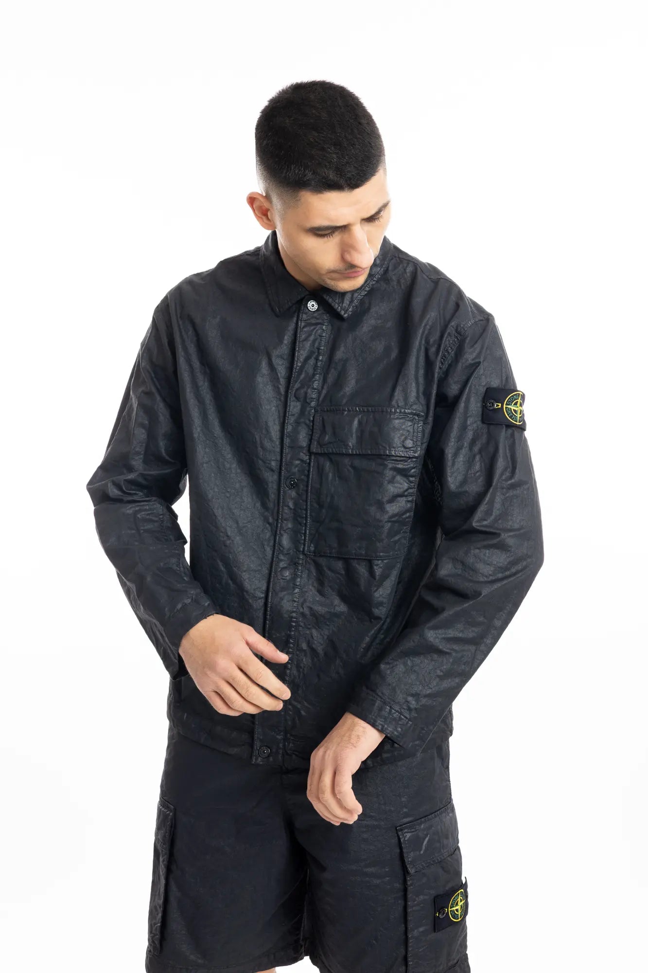 Stone Island, Mens Jacket, Black V0029, Compass Badge, Bellows Pocket, Logo-patch, Stone Island Snaps, Collar, Flap Pocket, In-Motion Photo. 