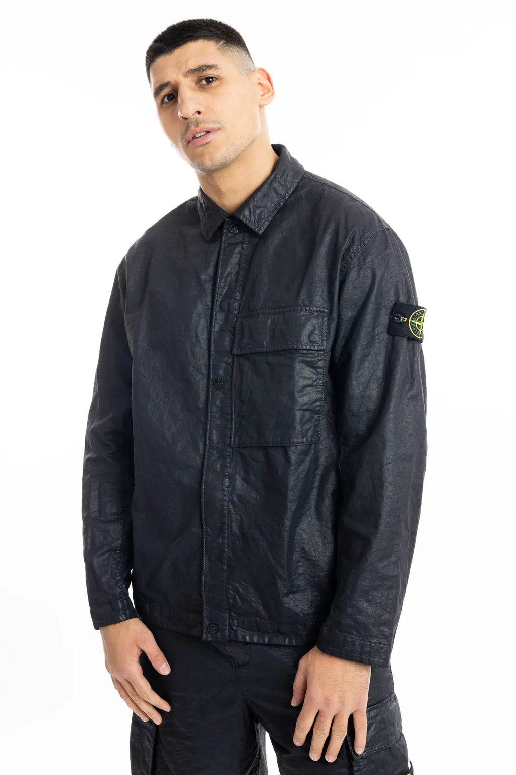 Stone Island, Mens Jacket, Black V0029, Compass Badge, Bellows Pocket, Logo-patch, Stone Island Snaps, Collar, Flap Pocket, Hands Down Front Photo. 