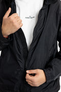 Stone Island, Mens Jacket, Black V0029, Compass Badge, Logo-patch, Full Zip, YKK Zippers, Side Pockets, Long Sleeves, Adjustable cuffs, Stone Island Buttons and snaps, Close-up Unzipped. 