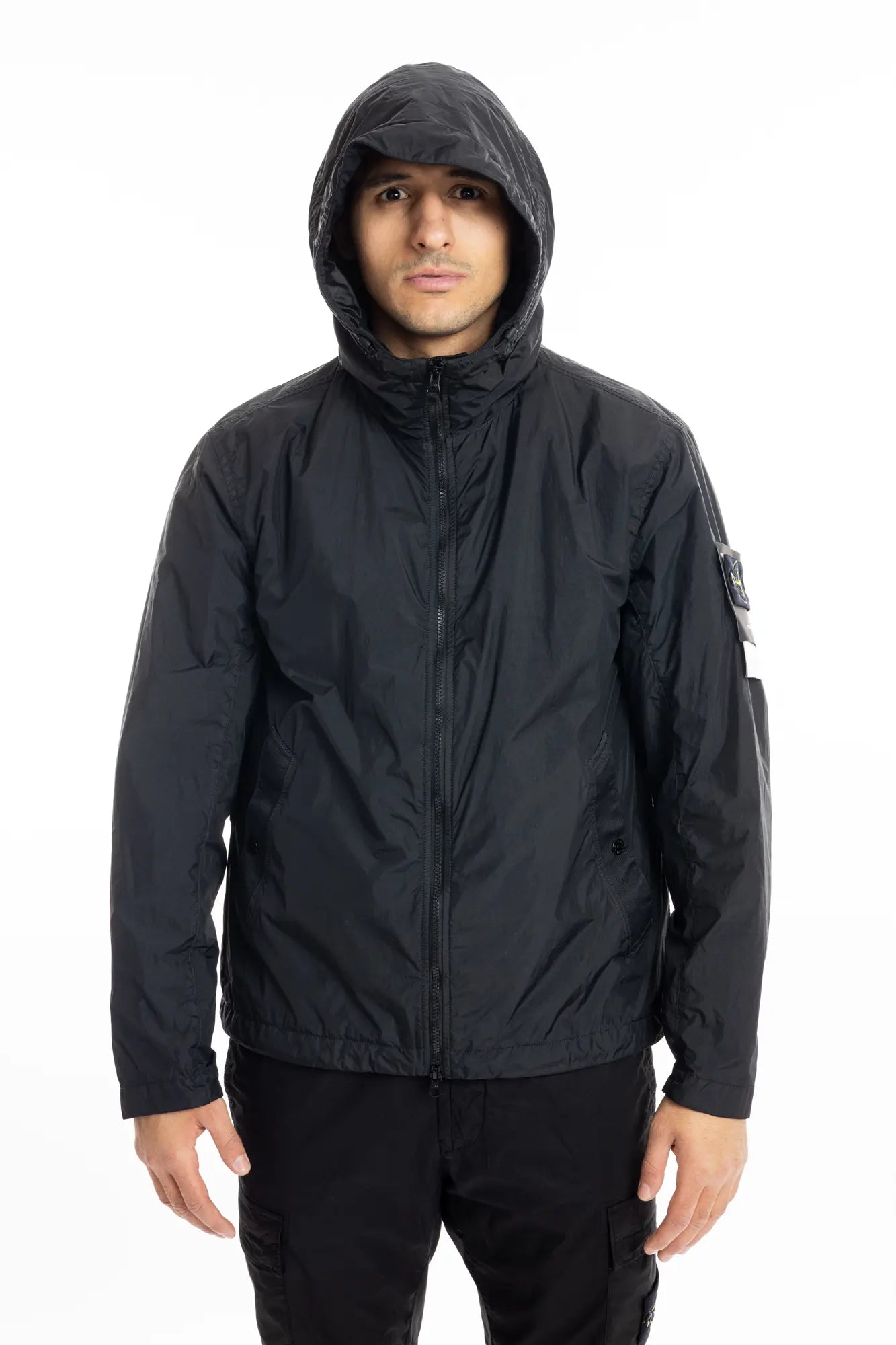 Stone Island, Mens Jacket, Black V0029, Compass Badge, Logo-patch, Full Zip, YKK Zippers, Side Pockets, Long Sleeves, Adjustable cuffs, Stone Island Buttons and snaps, Hooded Portrait View. 