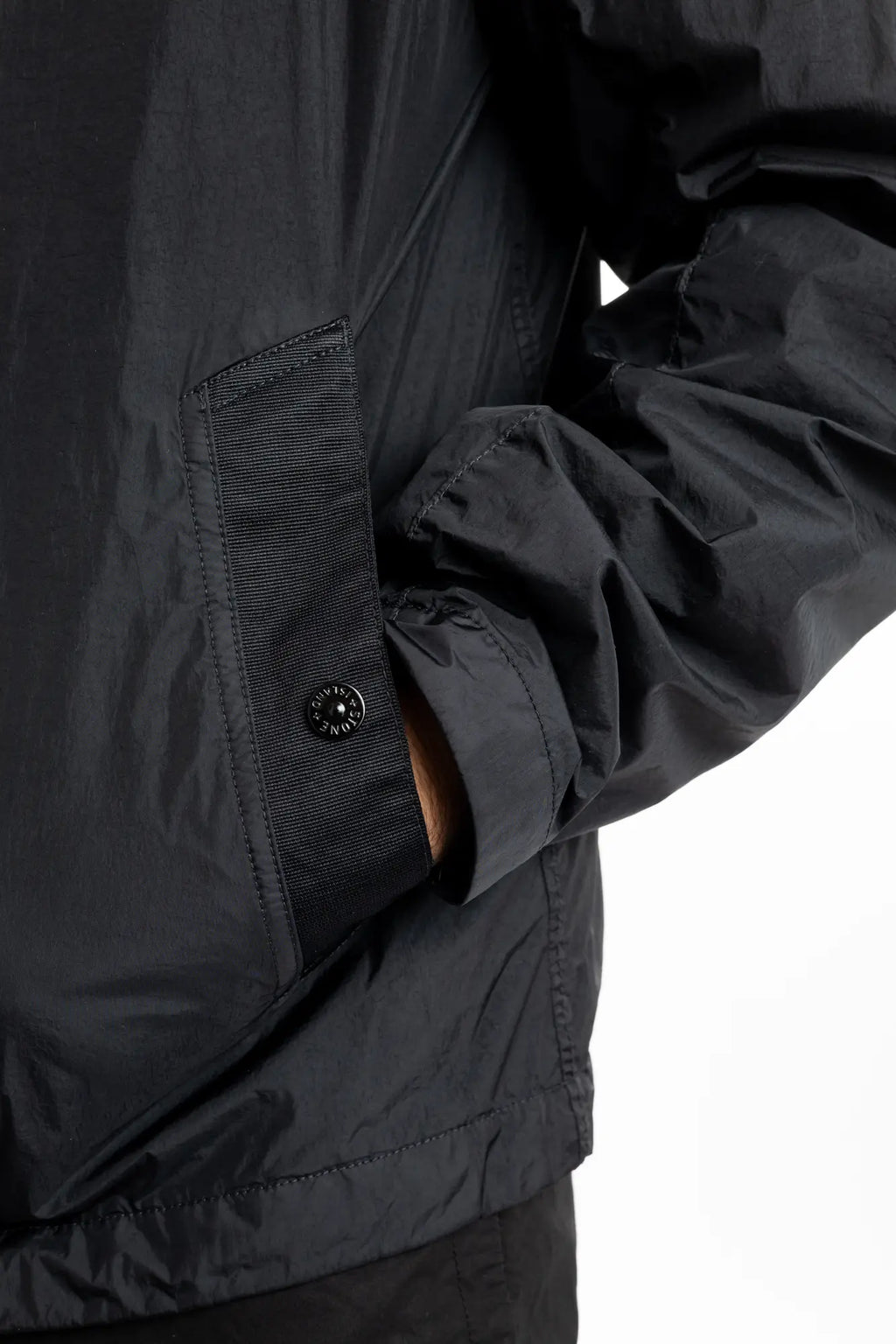 Stone Island, Mens Jacket, Black V0029, Compass Badge, Logo-patch, Full Zip, YKK Zippers, Side Pockets, Long Sleeves, Adjustable cuffs, Stone Island Buttons and snaps, Side Pocket Close-up. 