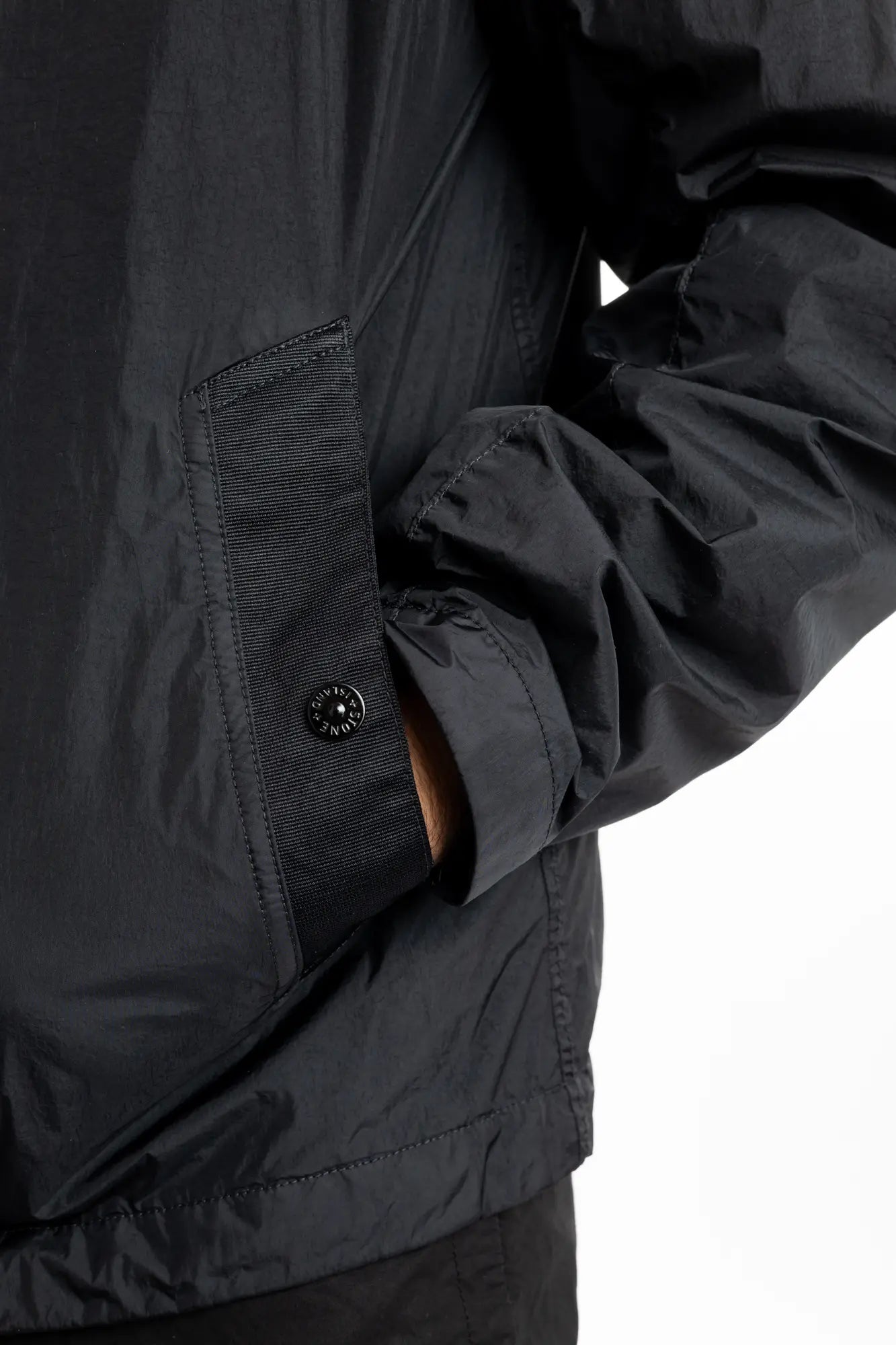Stone Island, Mens Jacket, Black V0029, Compass Badge, Logo-patch, Full Zip, YKK Zippers, Side Pockets, Long Sleeves, Adjustable cuffs, Stone Island Buttons and snaps, Side Pocket Close-up. 
