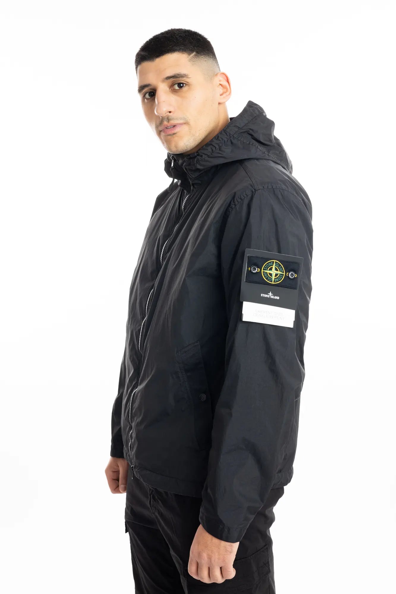Stone Island, Mens Jacket, Black V0029, Compass Badge, Logo-patch, Full Zip, YKK Zippers, Side Pockets, Long Sleeves, Adjustable cuffs, Stone Island Buttons and snaps, 3/4 Front Photo. 