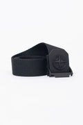 Stone Island, Mens Belt, Black V0029, Matte Painted Buckle, Metal Buckle, Polyester and Nylon Tape, Adjustable, Compass Logo, Engraved, Front View. 