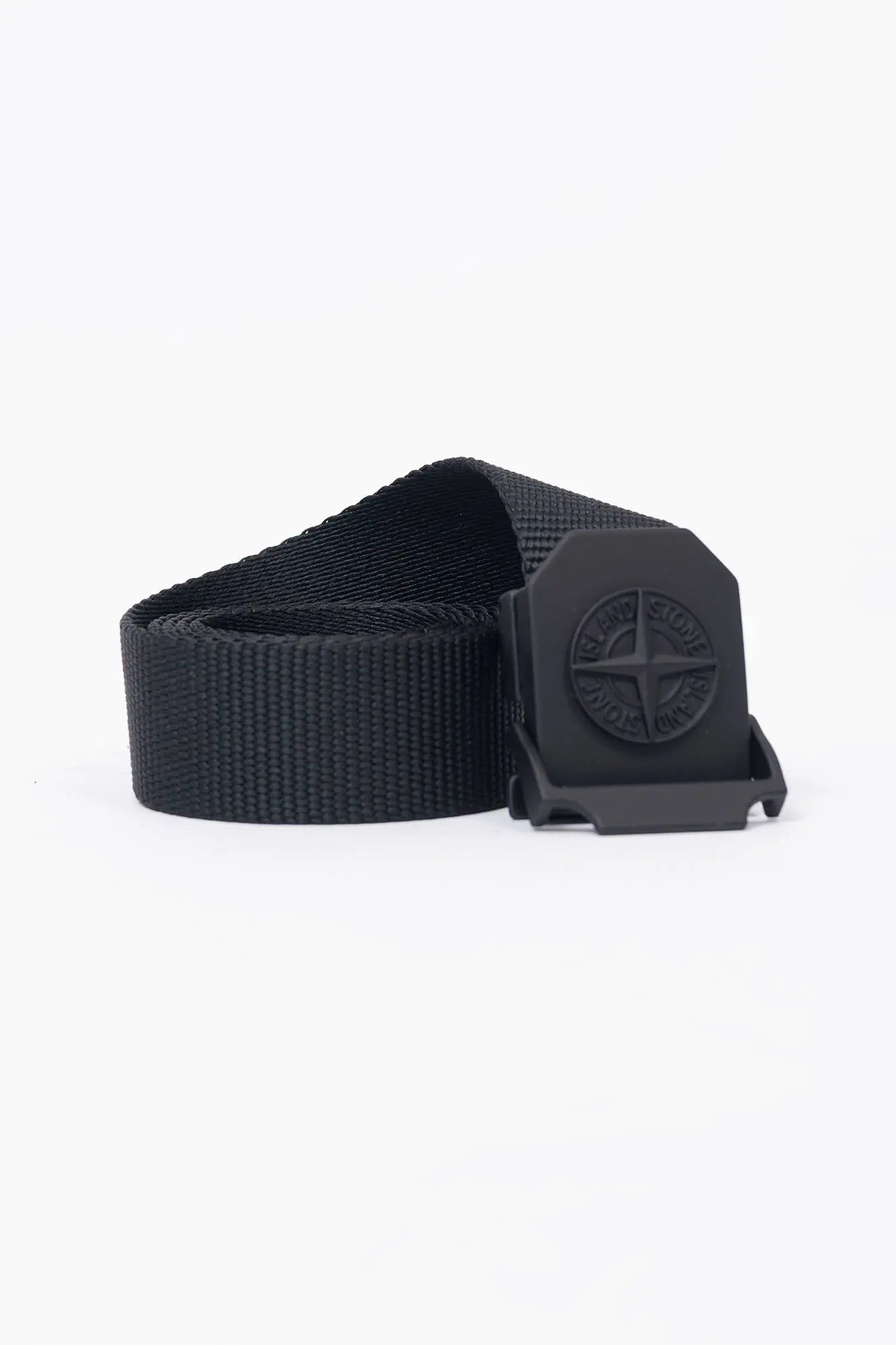 Stone Island, Mens Belt, Black V0029, Matte Painted Buckle, Metal Buckle, Polyester and Nylon Tape, Adjustable, Compass Logo, Engraved, Front View. 