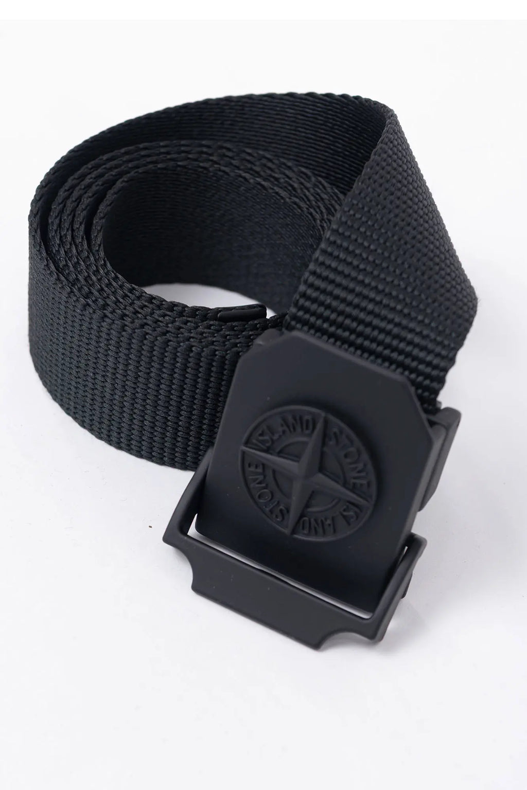 Stone Island, Mens Belt, Black V0029, Matte Painted Buckle, Metal Buckle, Polyester and Nylon Tape, Adjustable, Compass Logo, Engraved, Front Close-up. 