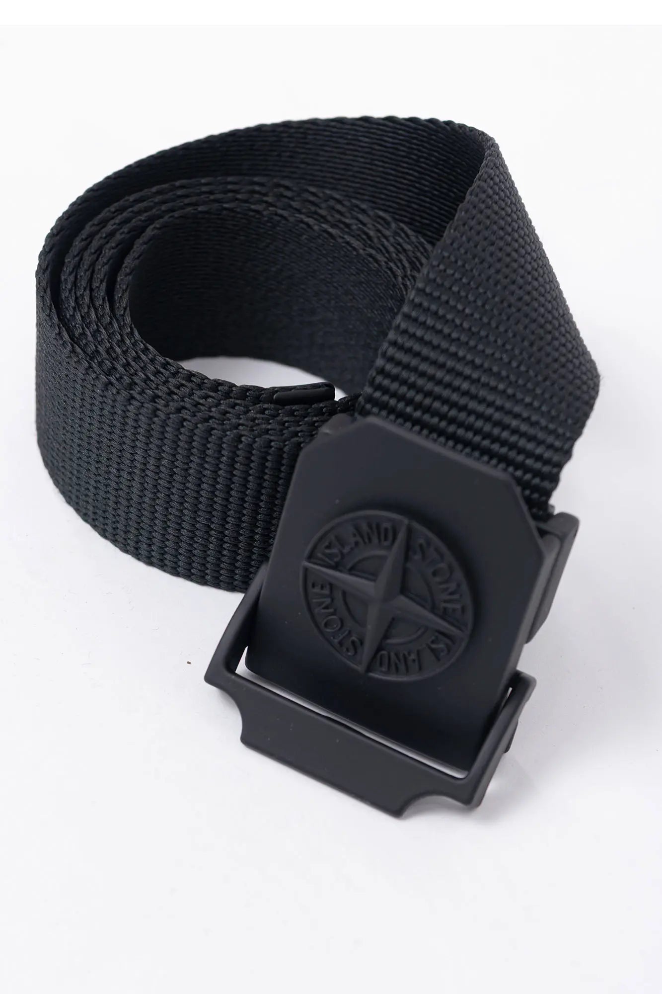 Stone Island, Mens Belt, Black V0029, Matte Painted Buckle, Metal Buckle, Polyester and Nylon Tape, Adjustable, Compass Logo, Engraved, Front Close-up. 