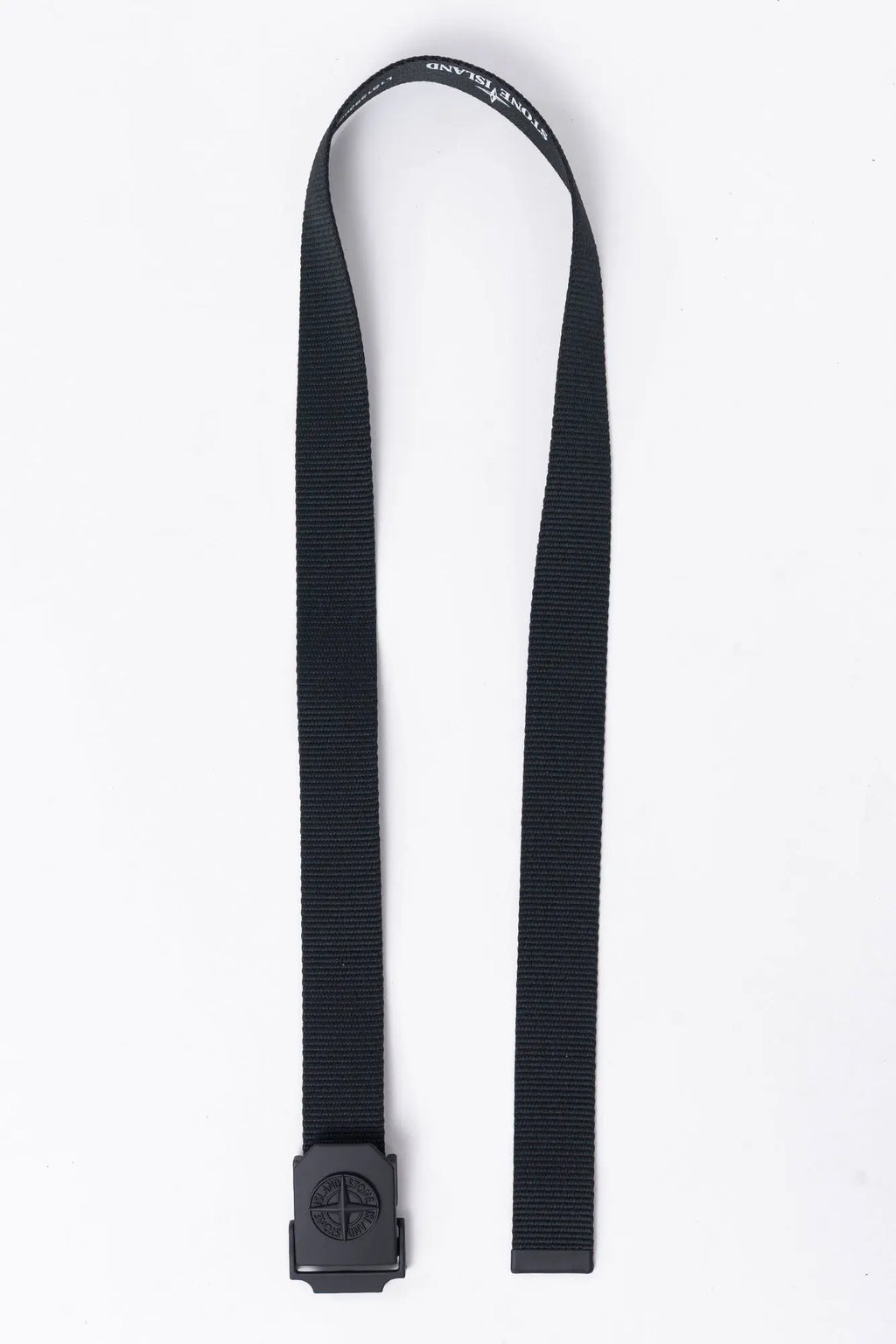 Stone Island, Mens Belt, Black V0029, Matte Painted Buckle, Metal Buckle, Polyester and Nylon Tape, Adjustable, Compass Logo, Engraved, Flat Belt Top-Down View. 