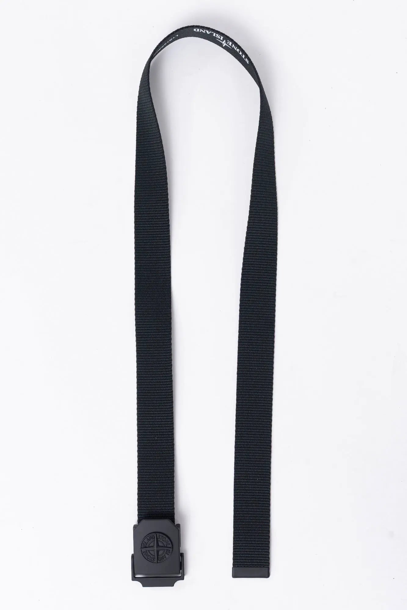 Stone Island, Mens Belt, Black V0029, Matte Painted Buckle, Metal Buckle, Polyester and Nylon Tape, Adjustable, Compass Logo, Engraved, Flat Belt Top-Down View. 