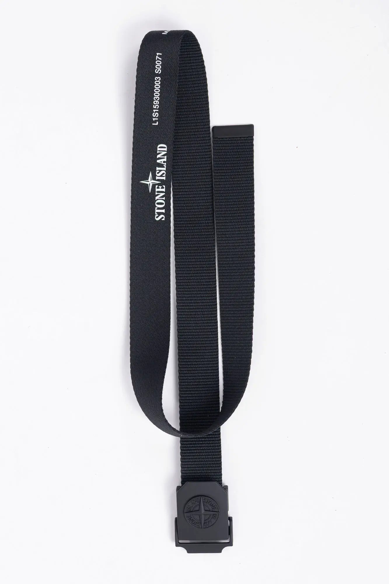 Stone Island, Mens Belt, Black V0029, Matte Painted Buckle, Metal Buckle, Polyester and Nylon Tape, Adjustable, Compass Logo, Engraved, Stone Island Logo print Showcase. 