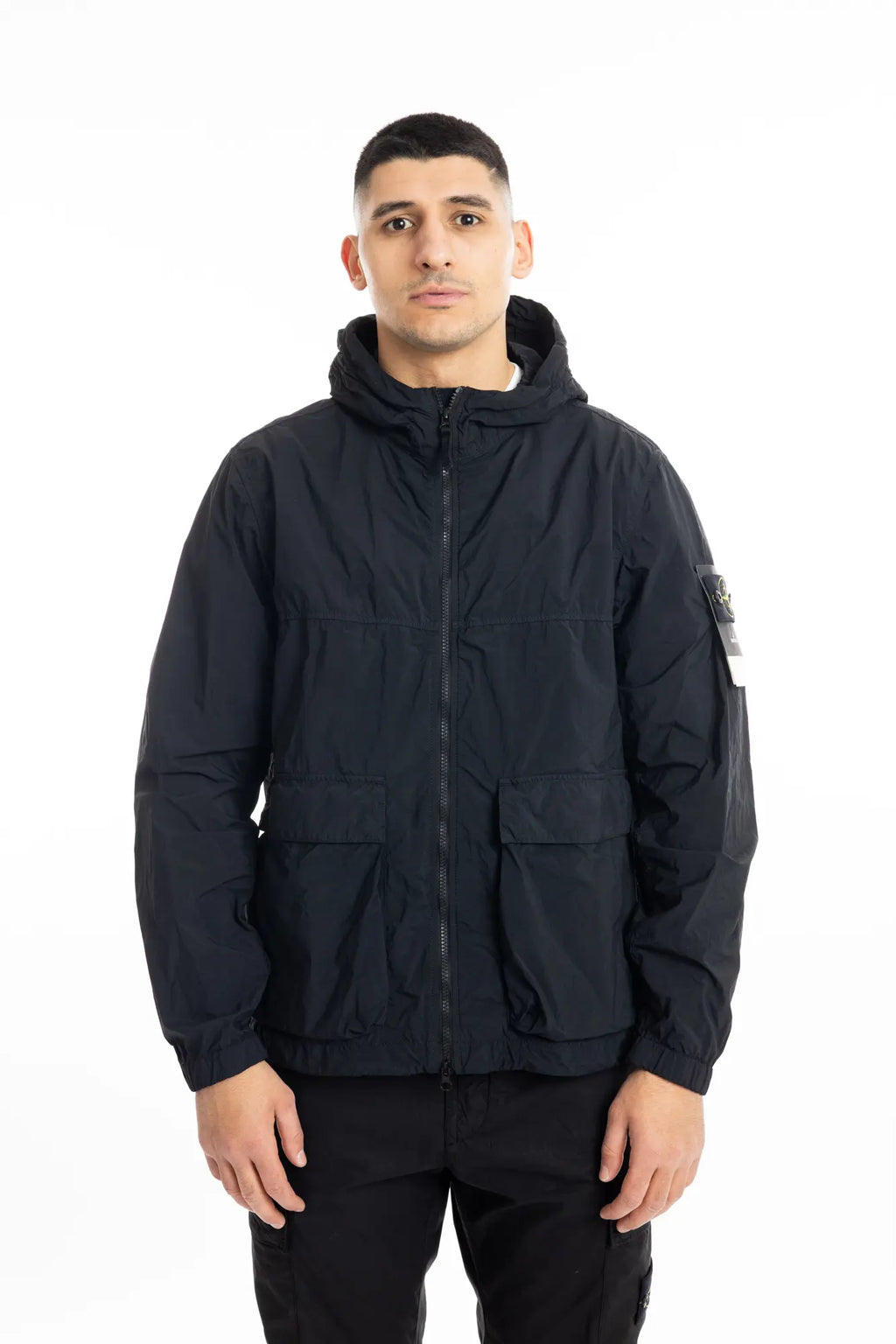 Stone Island, Mens Short Parka Jacket, Black V0029, Full Zip, Compass Badge, Logo-patch, Ykk Zippers, Pockets, Hooded, Drawstring, Elastic Cuffs and Hem, Front View. 