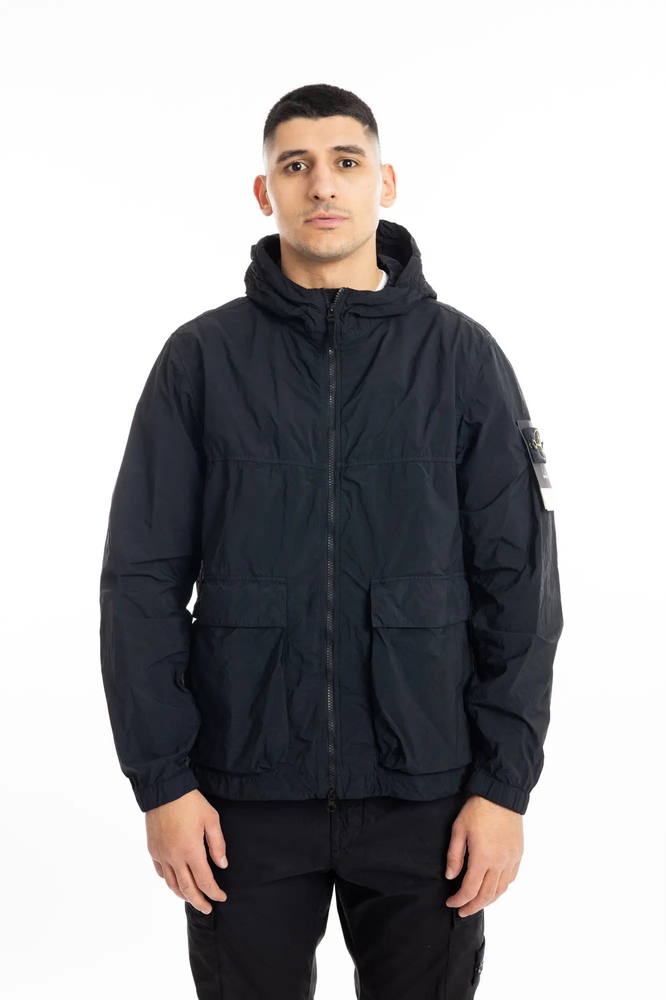 Stone Island, Mens Short Parka Jacket, Black V0029, Full Zip, Compass Badge, Logo-patch, Ykk Zippers, Pockets, Hooded, Drawstring, Elastic Cuffs and Hem, Front View. 