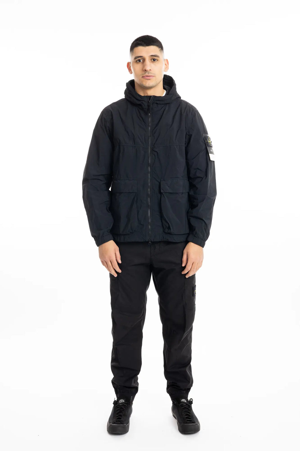 Stone Island, Mens Short Parka Jacket, Black V0029, Full Zip, Compass Badge, Logo-patch, Ykk Zippers, Pockets, Hooded, Drawstring, Elastic Cuffs and Hem, Full Body Front View. 