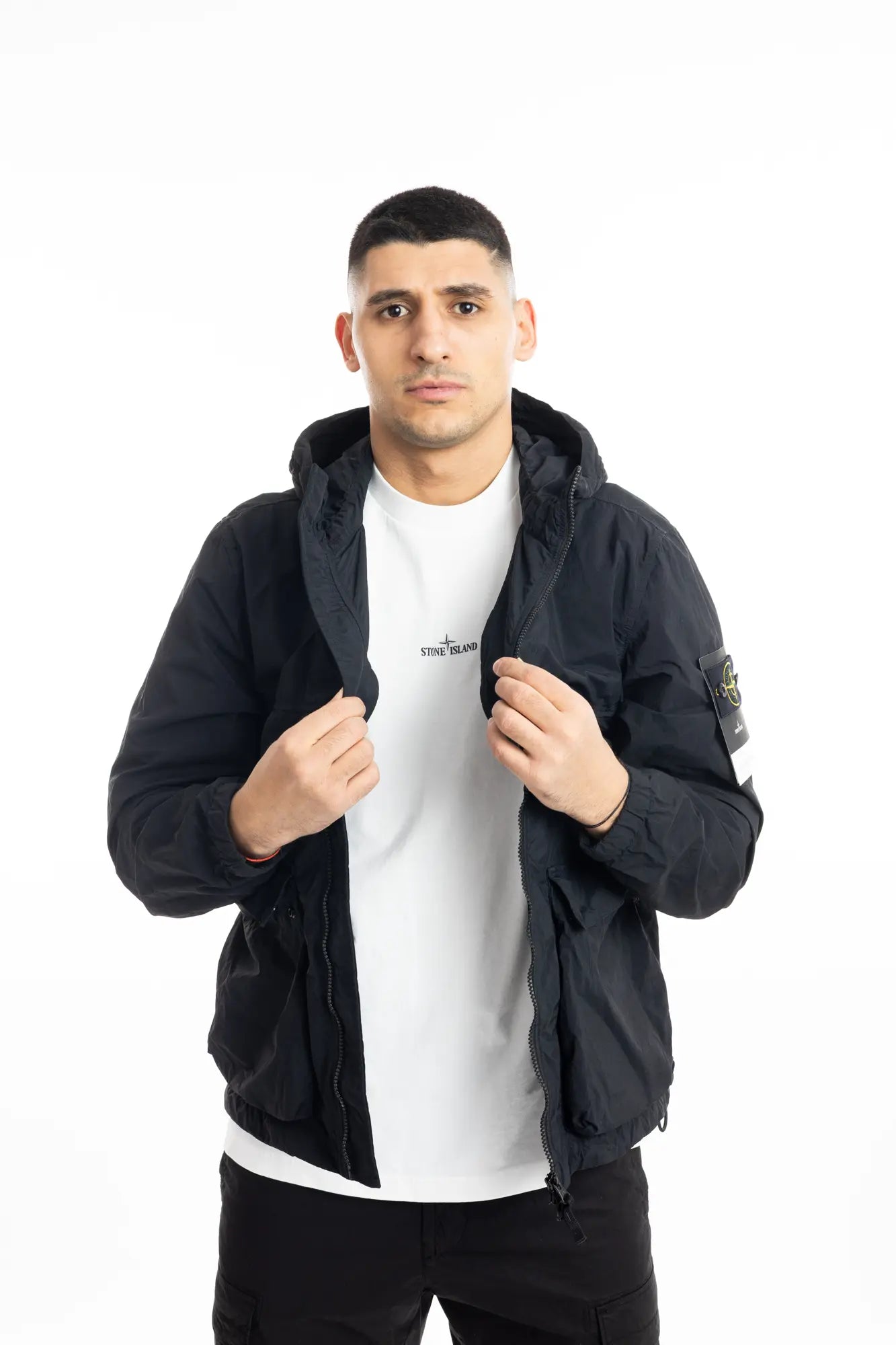 Stone Island, Mens Short Parka Jacket, Black V0029, Full Zip, Compass Badge, Logo-patch, Ykk Zippers, Pockets, Hooded, Drawstring, Elastic Cuffs and Hem, Unzipped. 