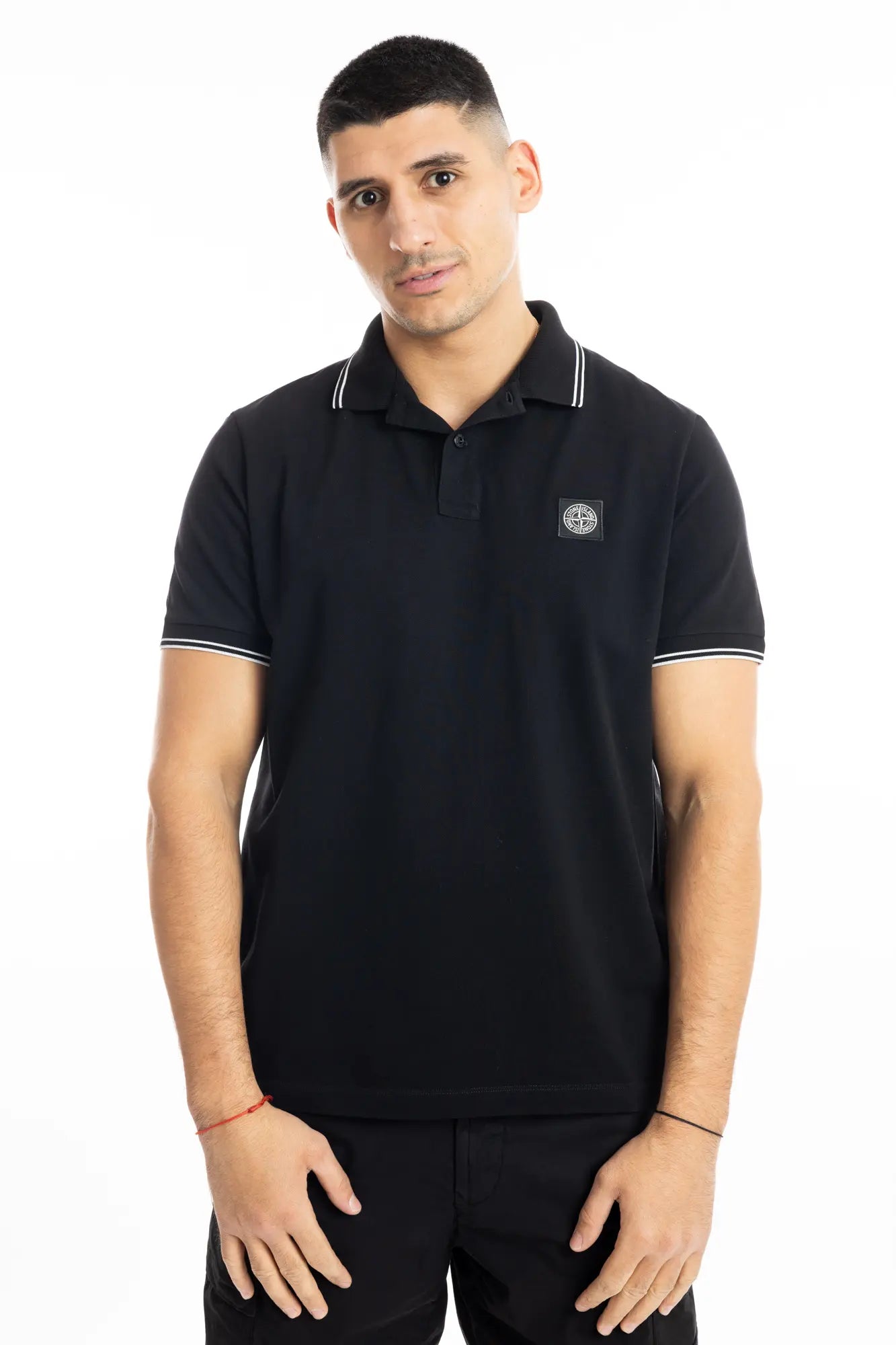 Stone Island, Mens Polo Shirt, Black V0029, Ribbed Collar, Stone Island Buttons, Patch, Ribbed Cuffs and Hems, Elastic Piqué, Front Portrait. 