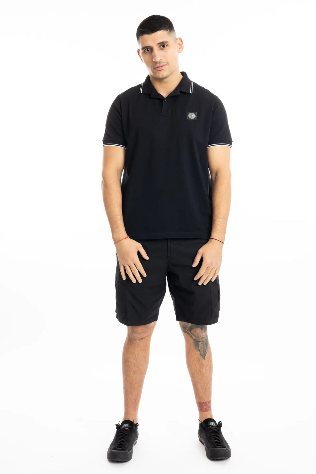 Stone Island, Mens Polo Shirt, Black V0029, Ribbed Collar, Stone Island Buttons, Patch, Ribbed Cuffs and Hems, Elastic Piqué, Full Body Photo. 