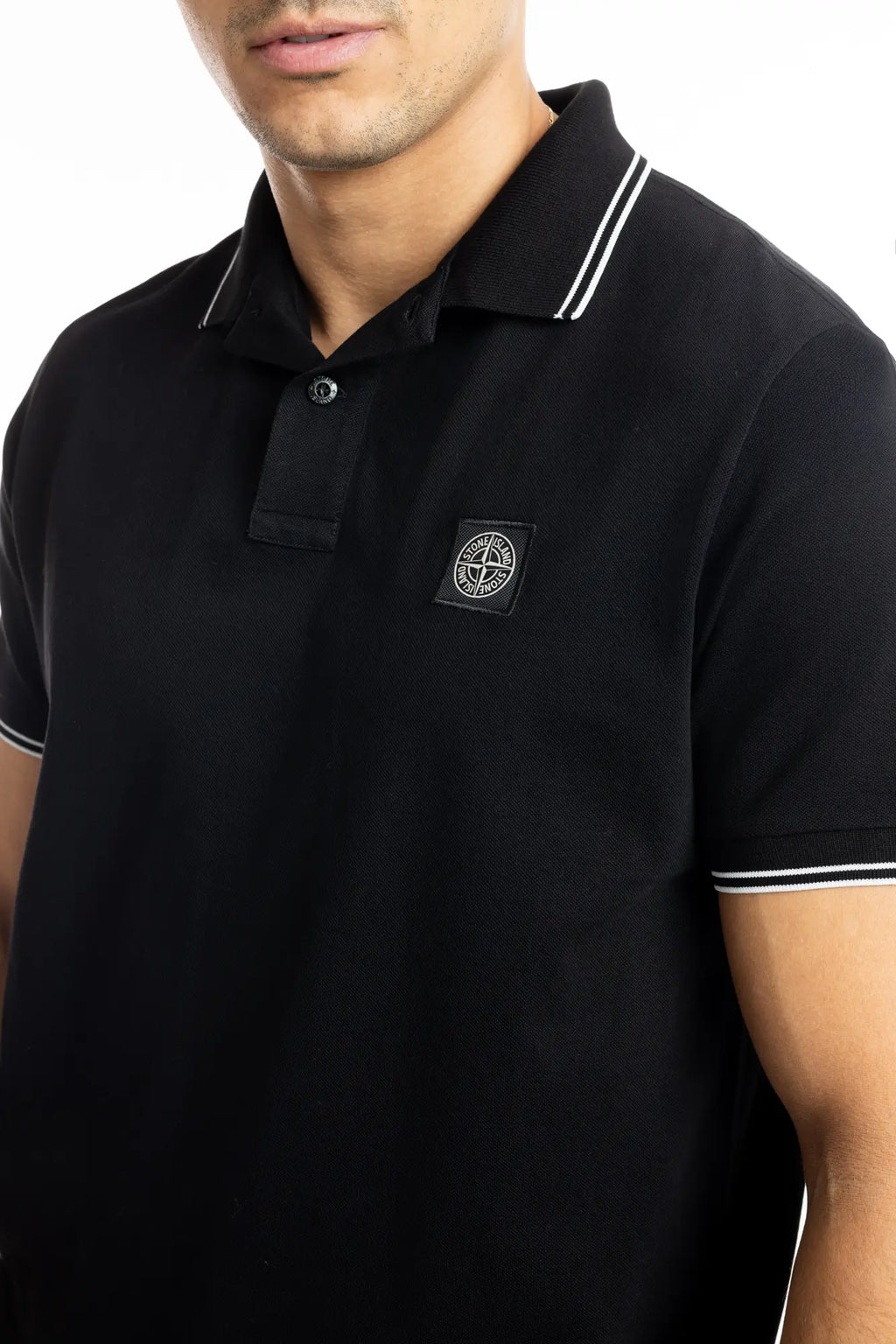 Stone Island, Mens Polo Shirt, Black V0029, Ribbed Collar, Stone Island Buttons, Patch, Ribbed Cuffs and Hems, Elastic Piqué, Patch Close-up. 