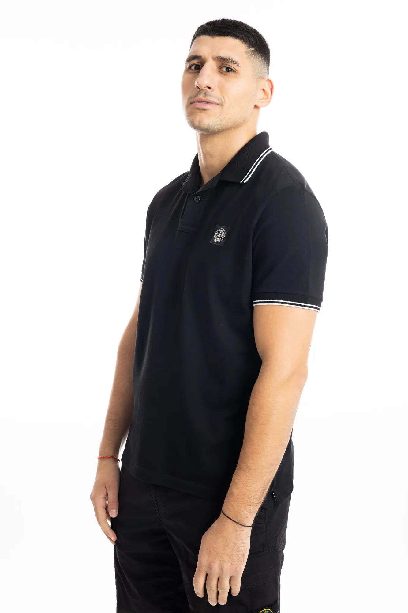 Stone Island, Mens Polo Shirt, Black V0029, Ribbed Collar, Stone Island Buttons, Patch, Ribbed Cuffs and Hems, Elastic Piqué, 3/4 Front Photo. 