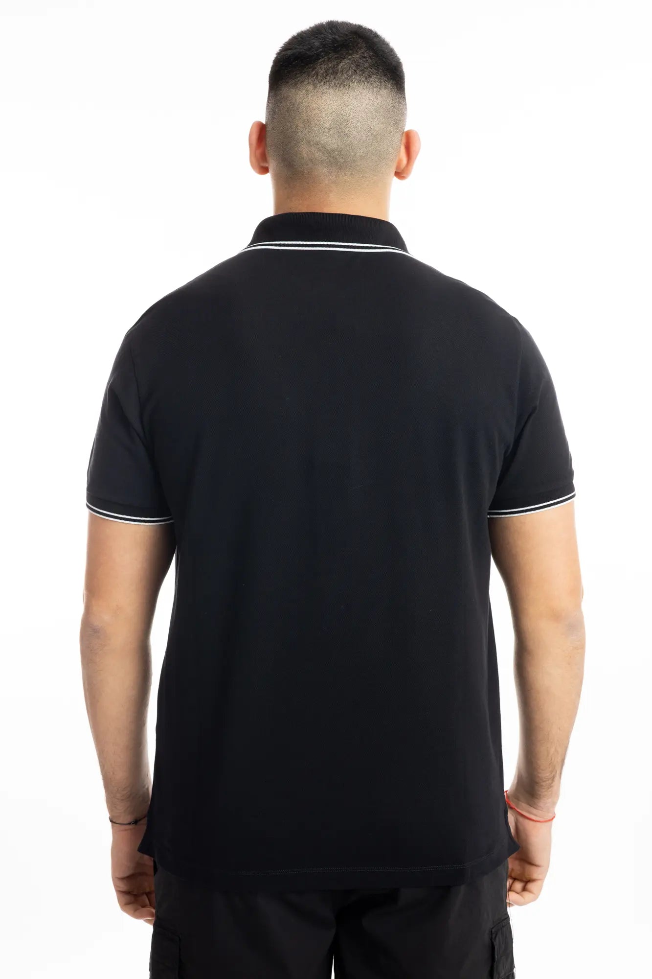Stone Island, Mens Polo Shirt, Black V0029, Ribbed Collar, Stone Island Buttons, Patch, Ribbed Cuffs and Hems, Elastic Piqué, Back Photo. 