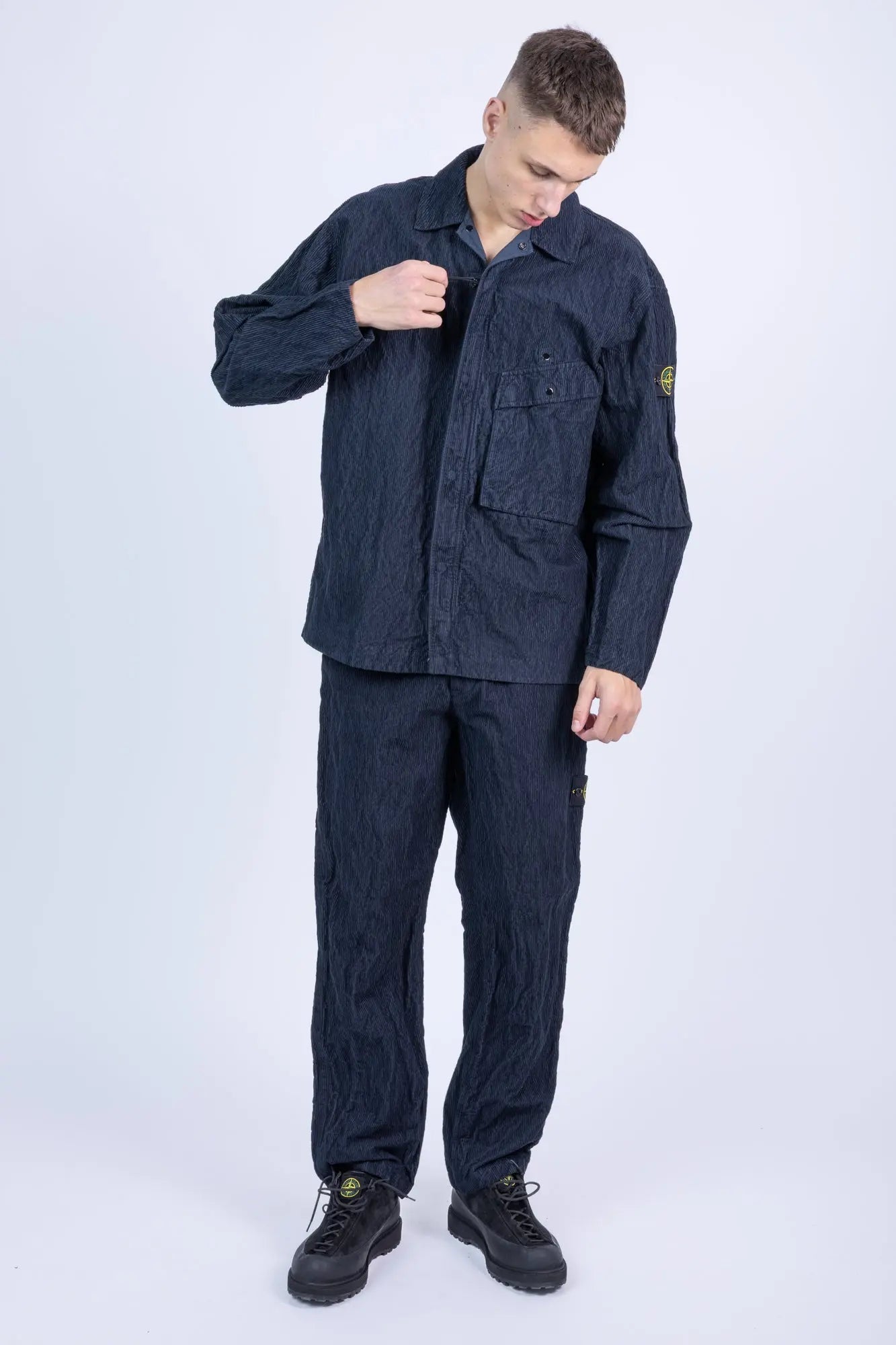 Stone Island, Mens Overshirt, Blue V0020, Chest Pockets, Adjustable Snap Cuffs, Full Zip, Hidden Zipper, YKK Zipper, Stone Island Buttons, Compass Badge, Logo-patch, Full Body In-motion View. 