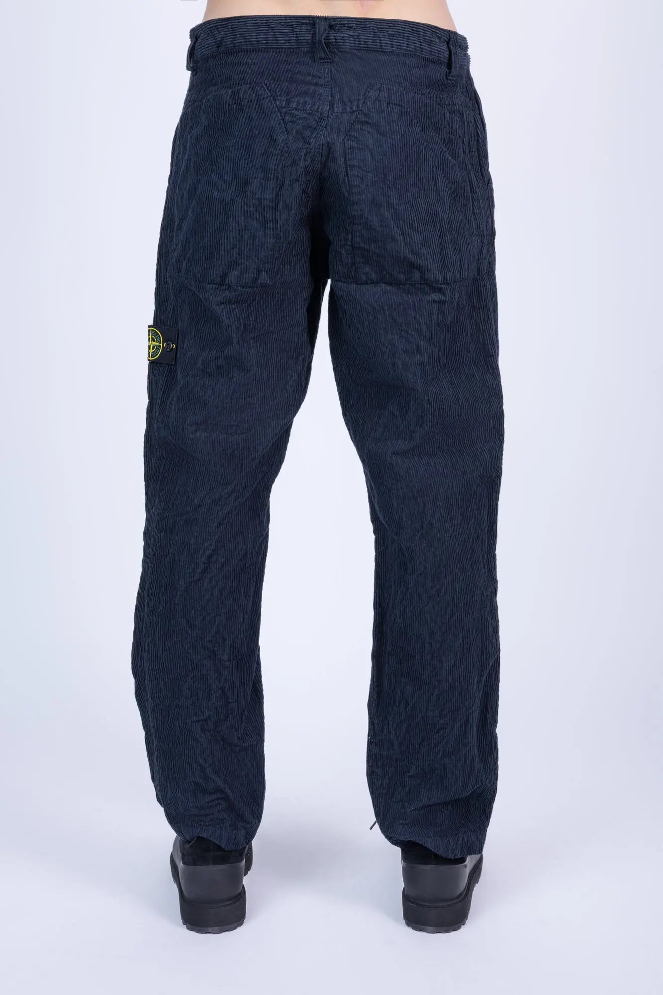 Stone Island, Mens Pants, Blue V0020, Corduroy, Compass Badge, Logo-patch, Side Pockets, Elasticated Cuffs, Stone Island Button, Fly Zipper, Back Photo. 