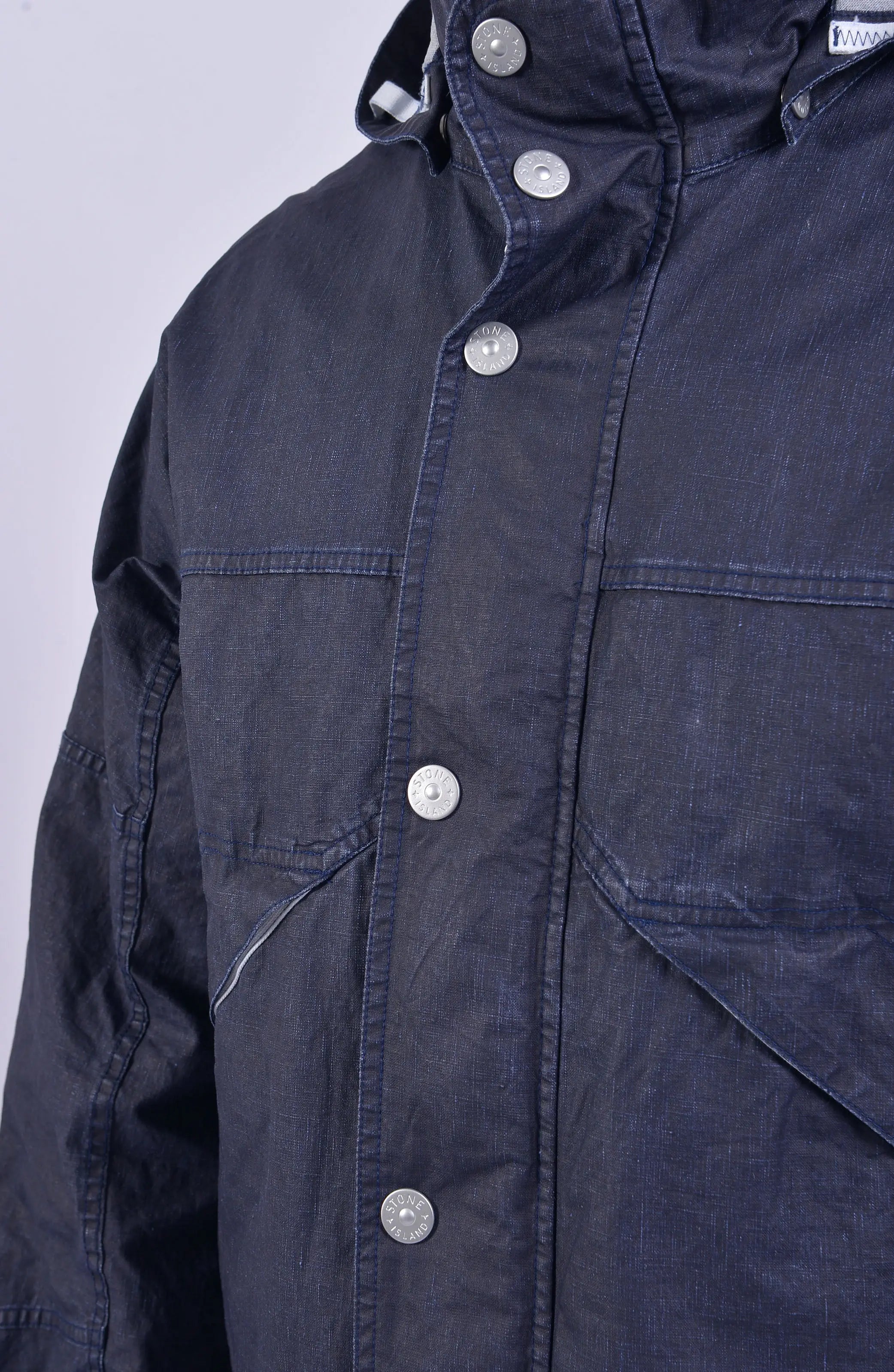 Stone Island, Mens Blouson, Royal Blue (V0027), Resin Coated, Non-toxic, Stone Island Buttons, YKK Zipper, Water repellent, Side Pockets, Buttons Close-up. 