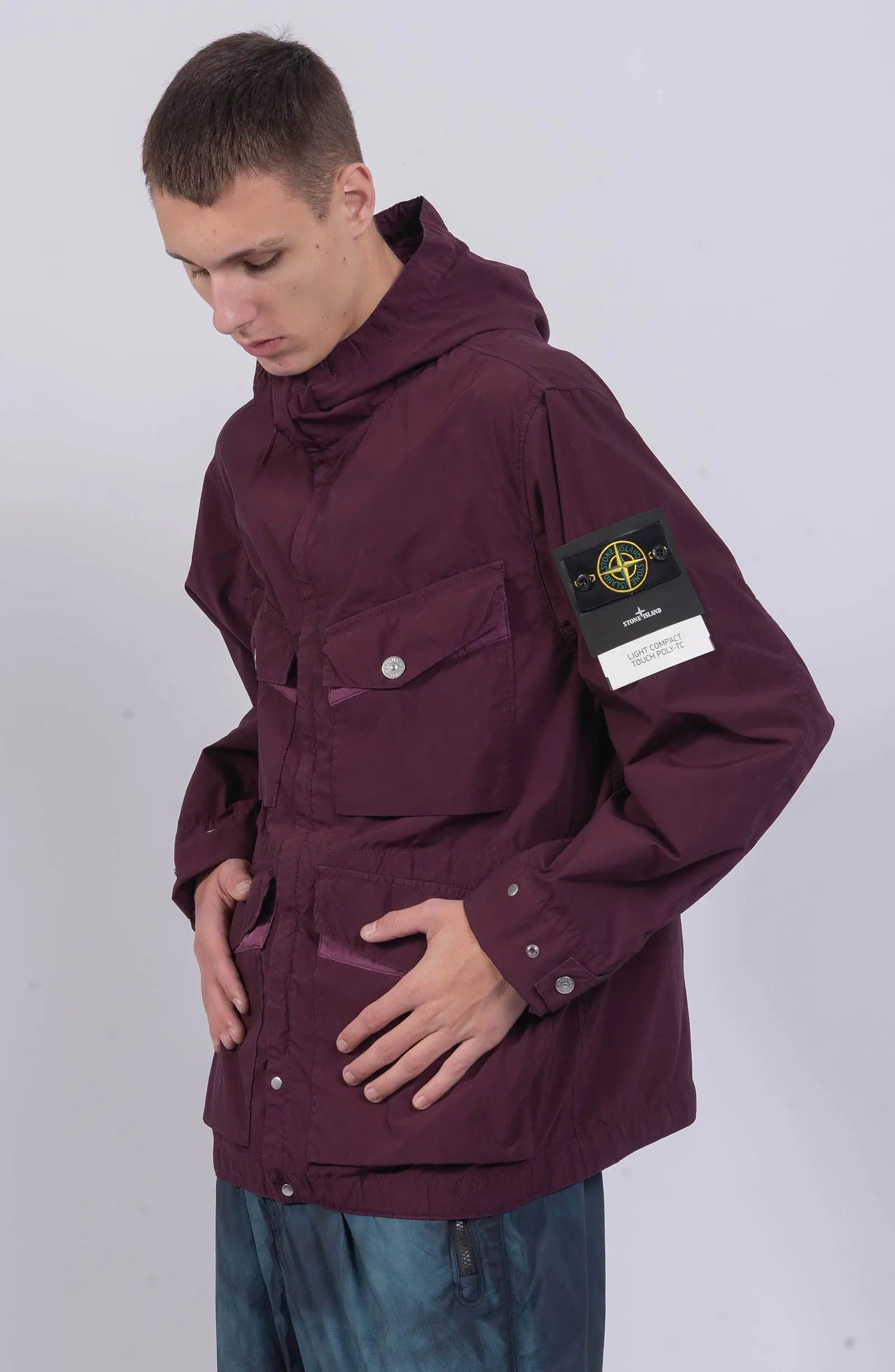 Stone Island, Mens Jacket, Red/Burgundy V0017, Pockets, Hood, Compass Badge, Stone Island Buttons, Ykk Zippers, 3/4 Photo.