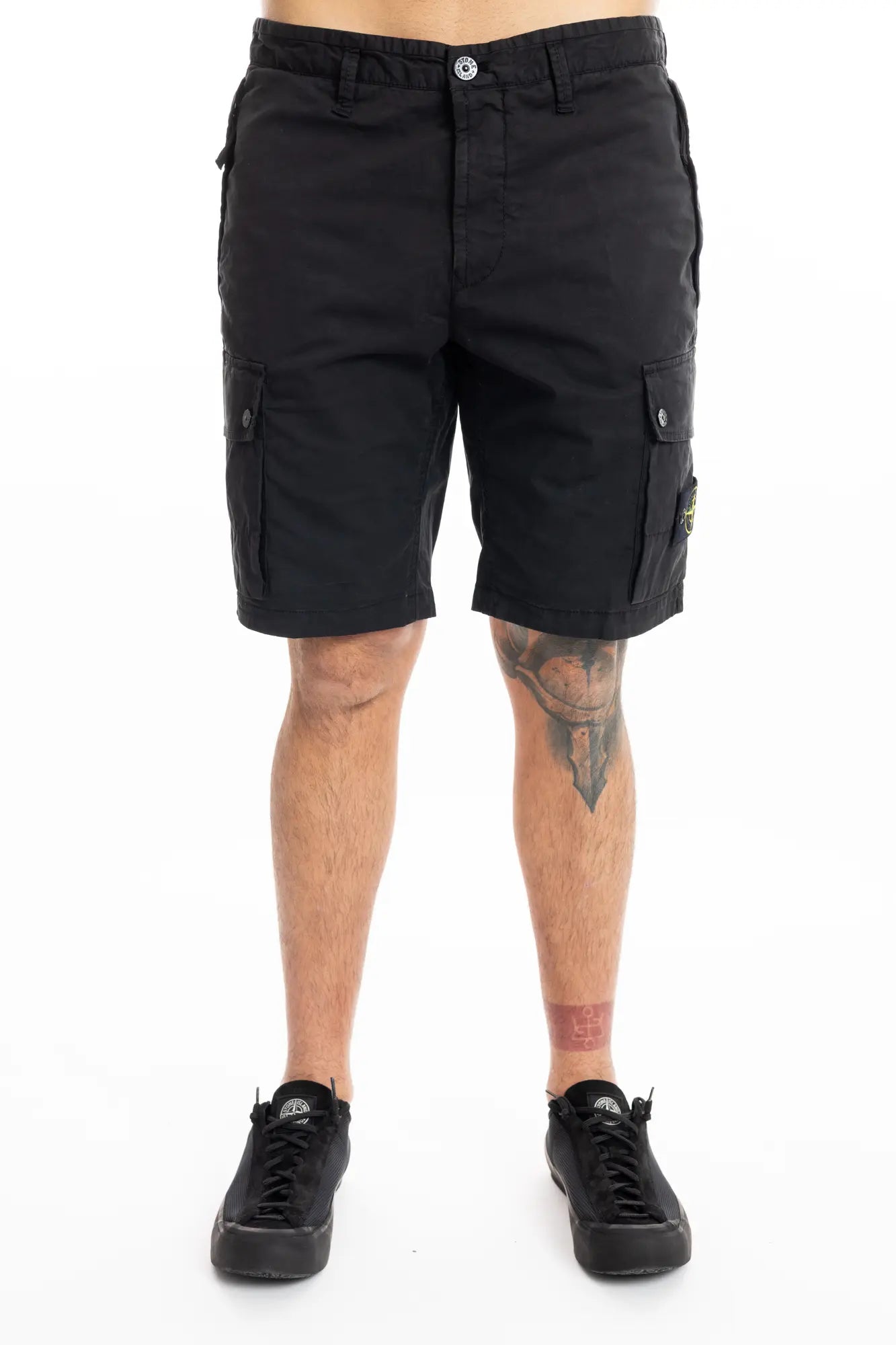 Stone Island, Mens Bermuda Shorts, Black V0029, Cargo Pockets, Compass Badge, Logo-Patch, Stone Island Button, Zip Fly, Side Pockets, Front View. 