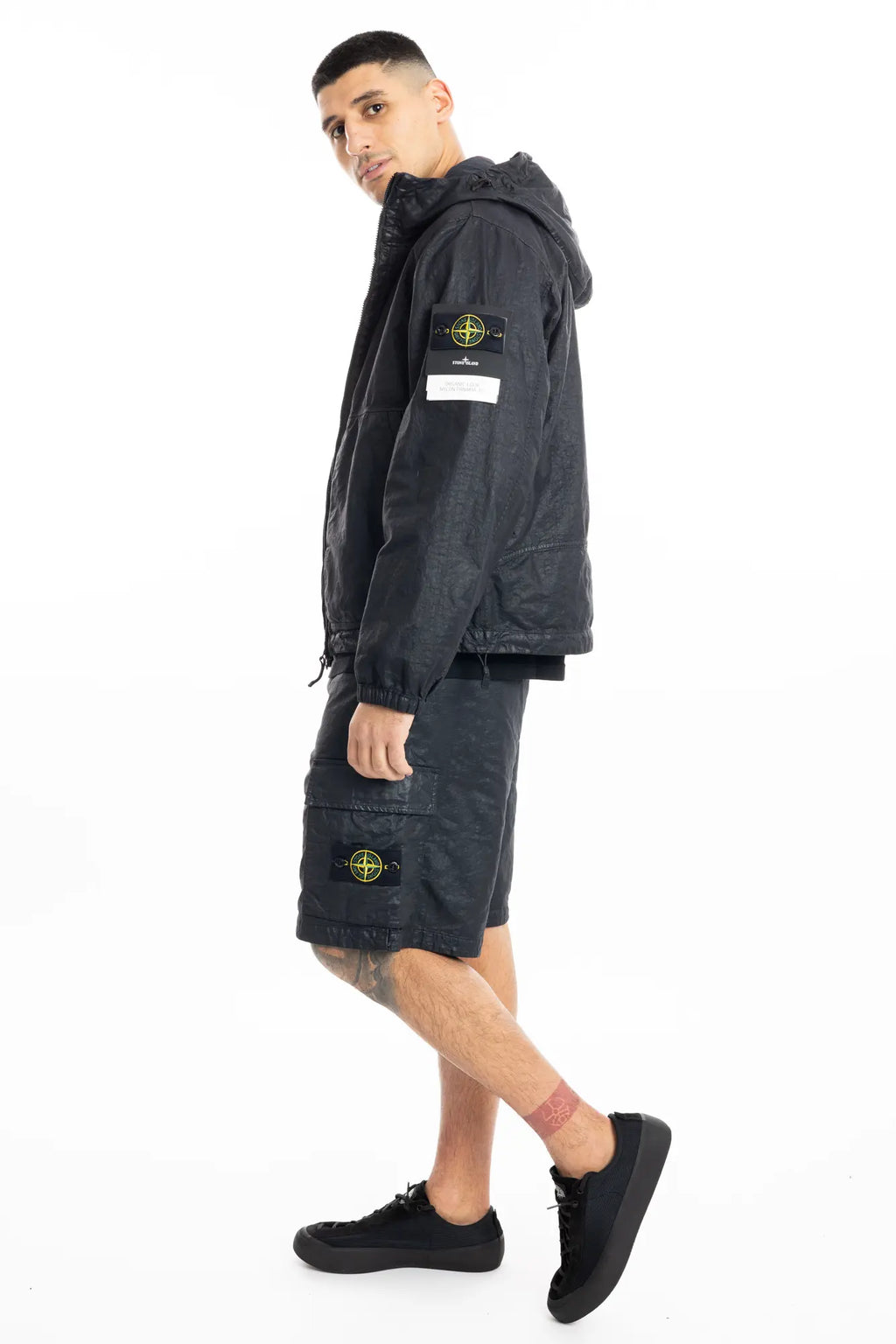 Stone Island, Mens Shorts, Black V0029, Nylon Panama, Organic Feel, Cargo Pockets, Side Pockets, Compass Badge, Logo-patch, Zip Fly, Belt Loops, Side View Full Body. 