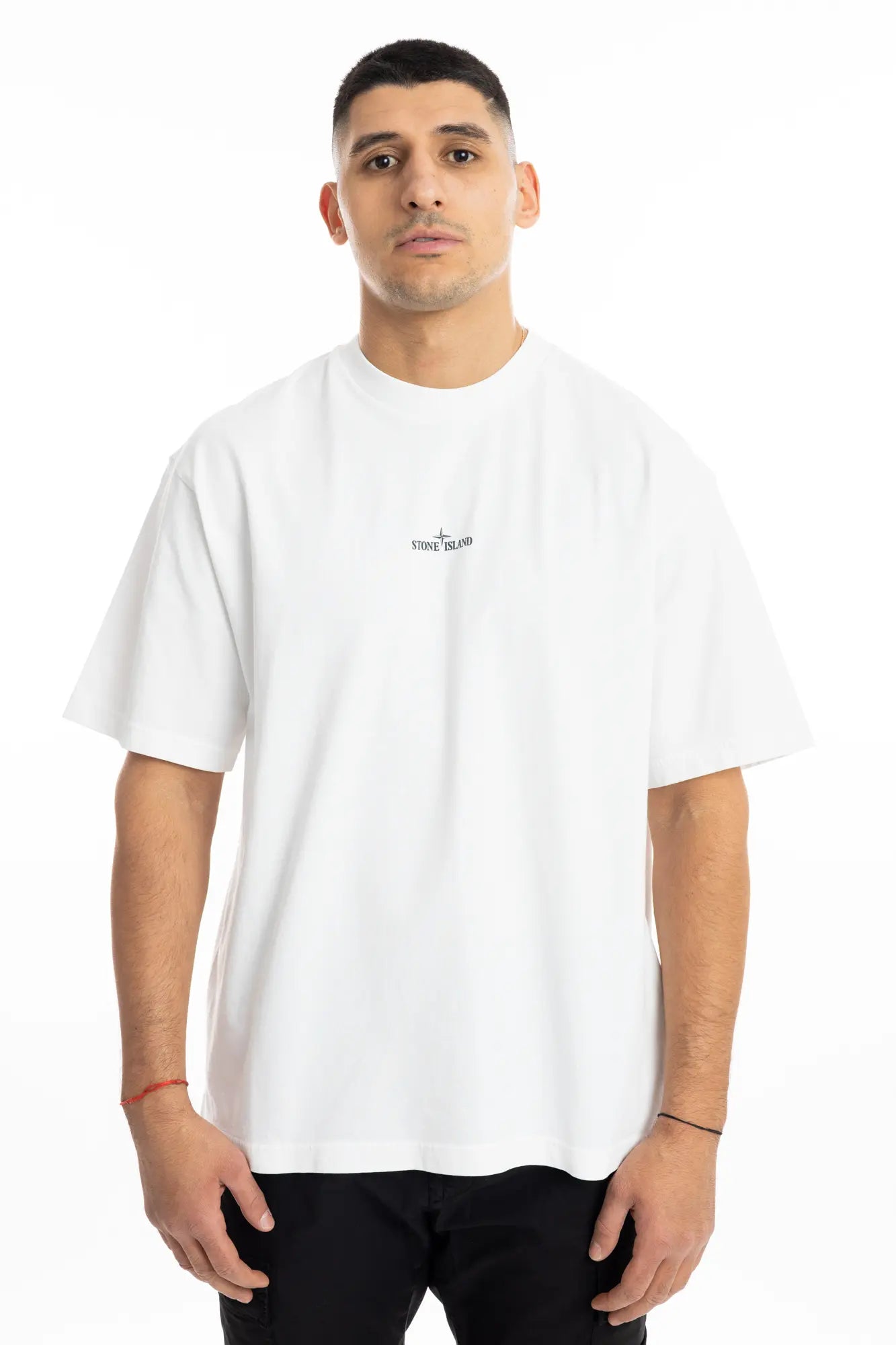 Stone Island, Mens T-Shirt, White V0001, Front and Back Print, Lab Print, Short Sleeves, Organic Cotton Jersey, 100% Cotton, Hand Sprayed, Front Portrait. 