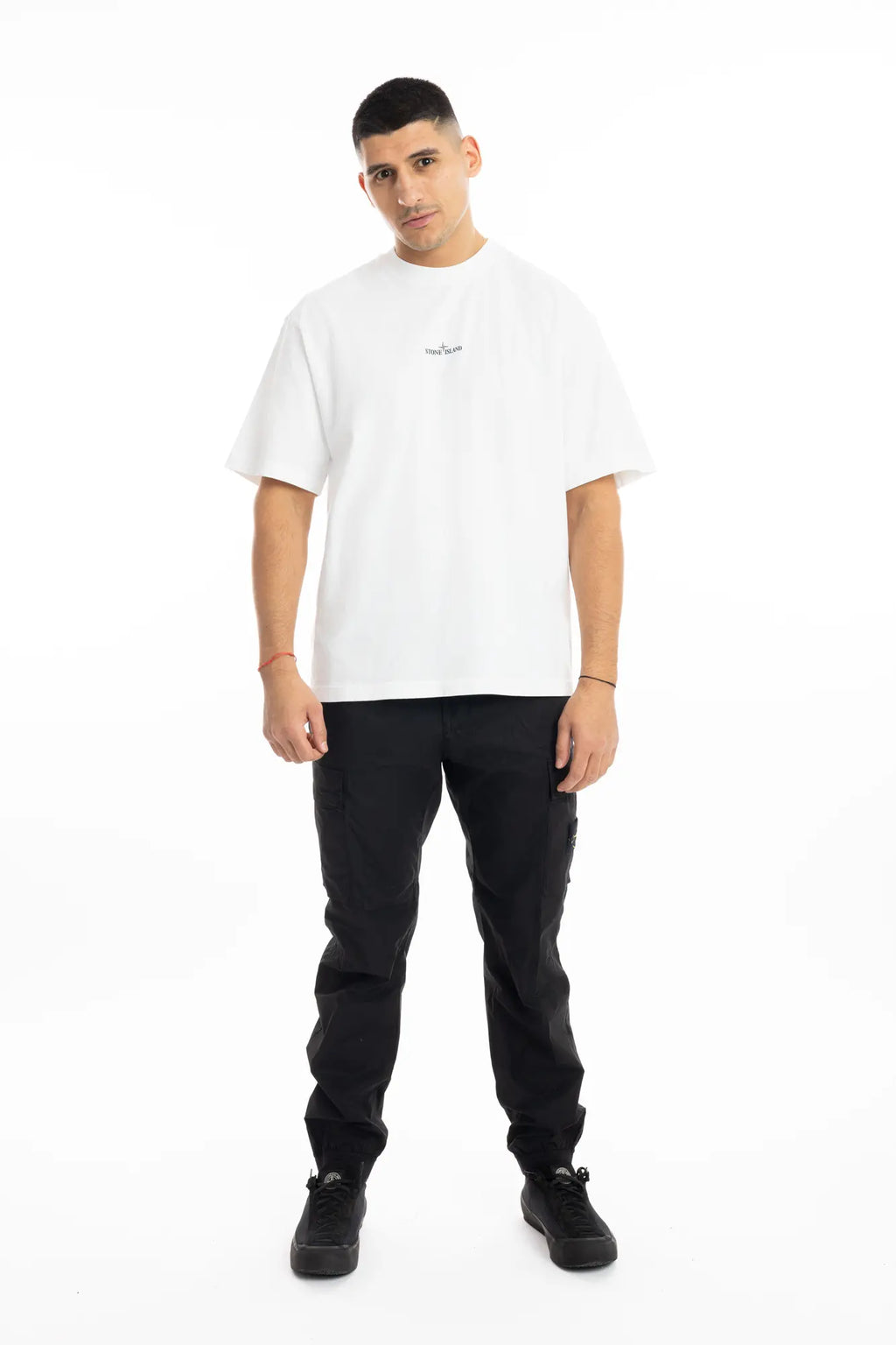 Stone Island, Mens T-Shirt, White V0001, Front and Back Print, Lab Print, Short Sleeves, Organic Cotton Jersey, 100% Cotton, Hand Sprayed, Full Body. 