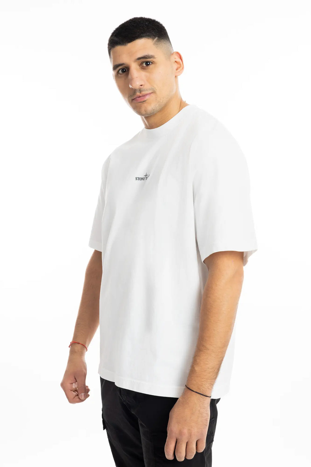Stone Island, Mens T-Shirt, White V0001, Front and Back Print, Lab Print, Short Sleeves, Organic Cotton Jersey, 100% Cotton, Hand Sprayed, 3/4 Front View. 