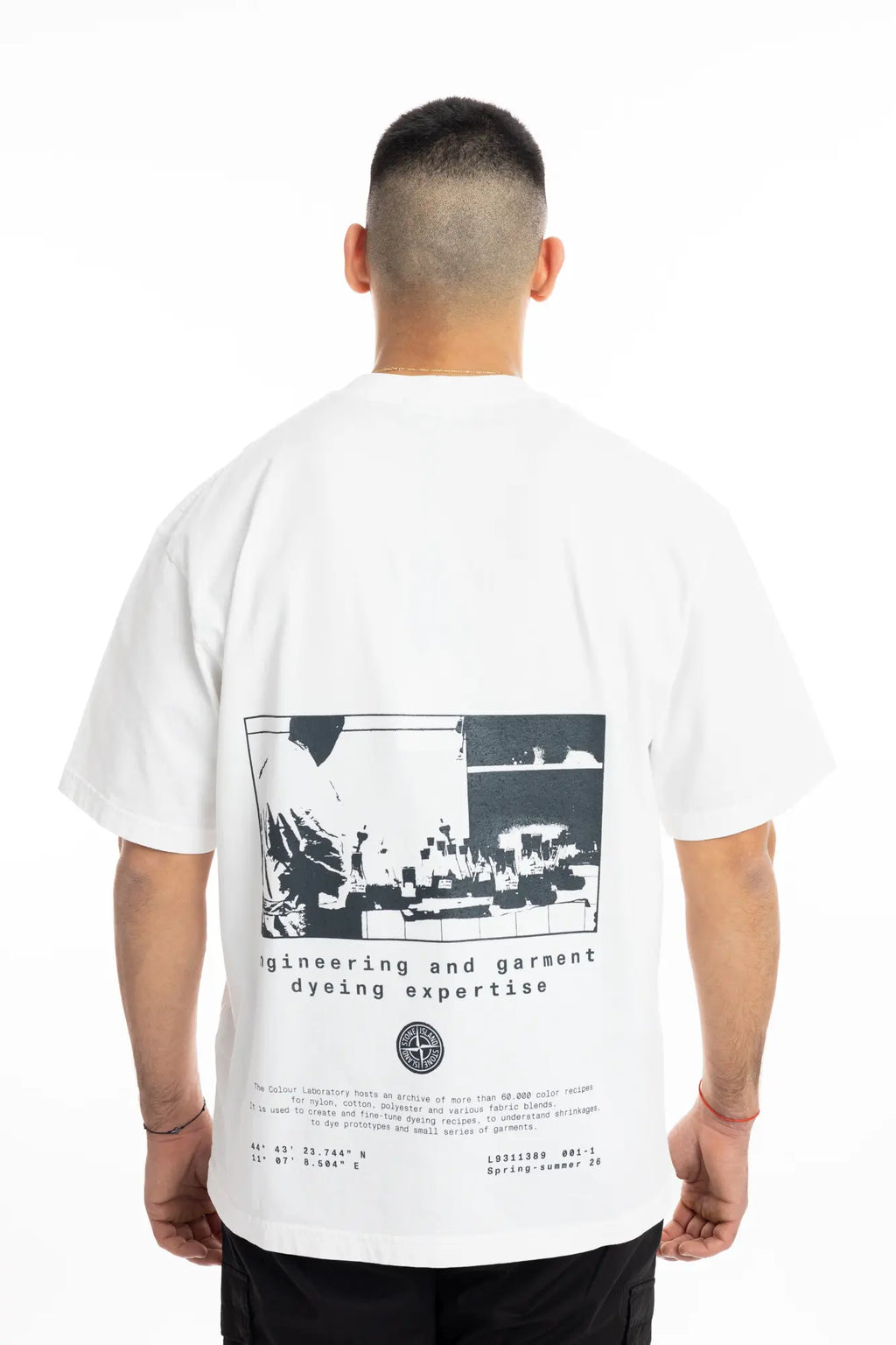 Stone Island, Mens T-Shirt, White V0001, Front and Back Print, Lab Print, Short Sleeves, Organic Cotton Jersey, 100% Cotton, Hand Sprayed, Back View. 